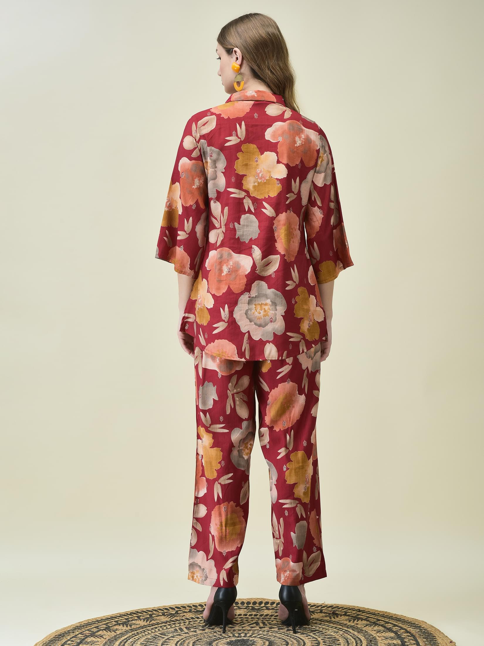 Women Liva Khadi Silk Maroon Multi Floral Print Co-Ord Set.
