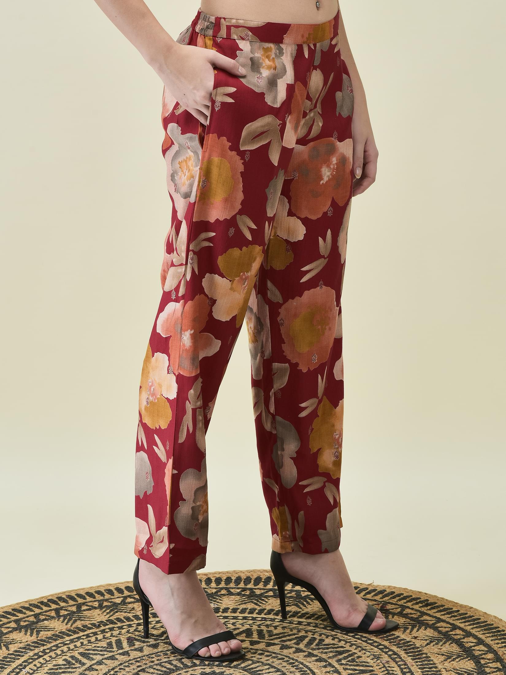 Women Liva Khadi Silk Maroon Multi Floral Print Co-Ord Set.
