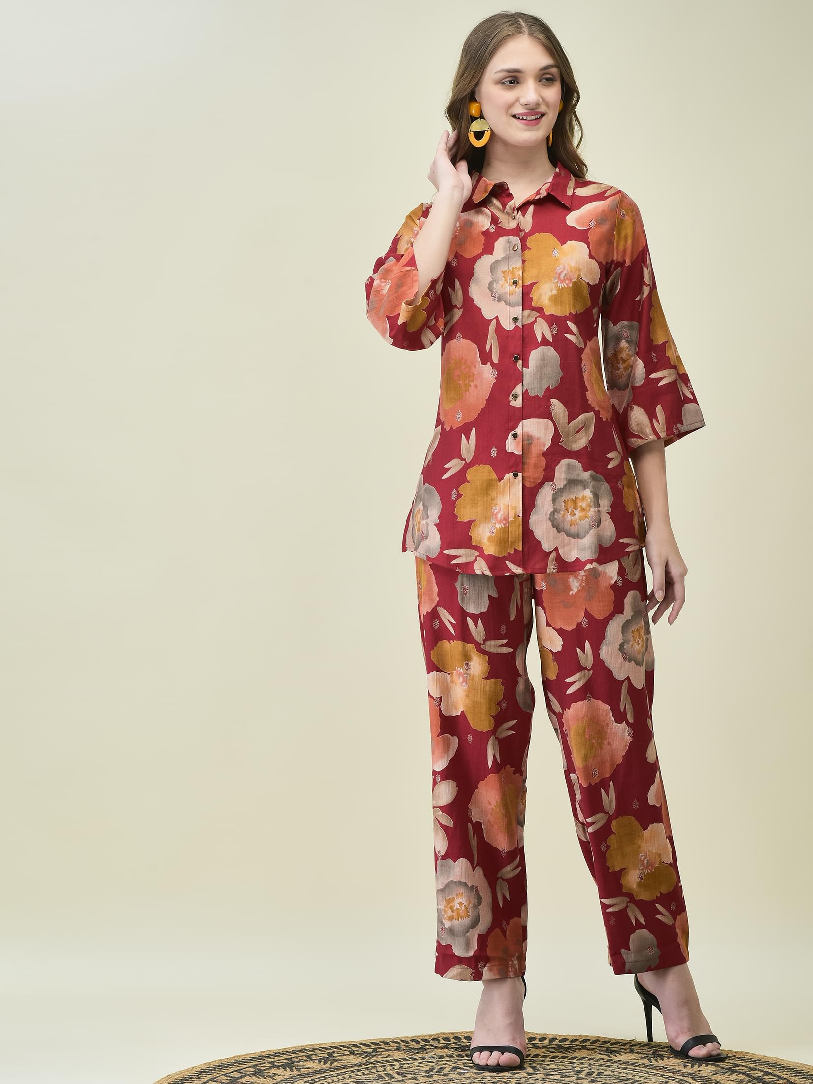 Rich maroon multi tonal floral print Liva Khadi silk premium designer co-ord set