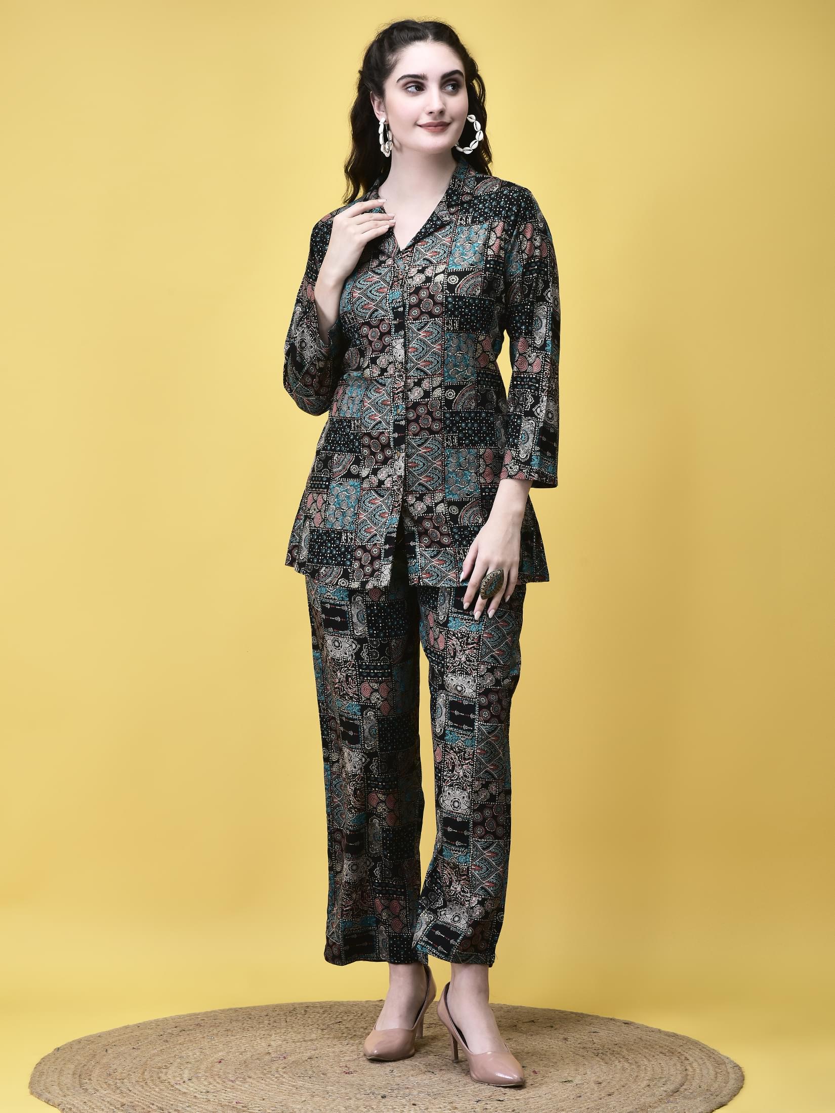 Vibrant multicolor abstract geometric print premium viscose contemporary co-ord set