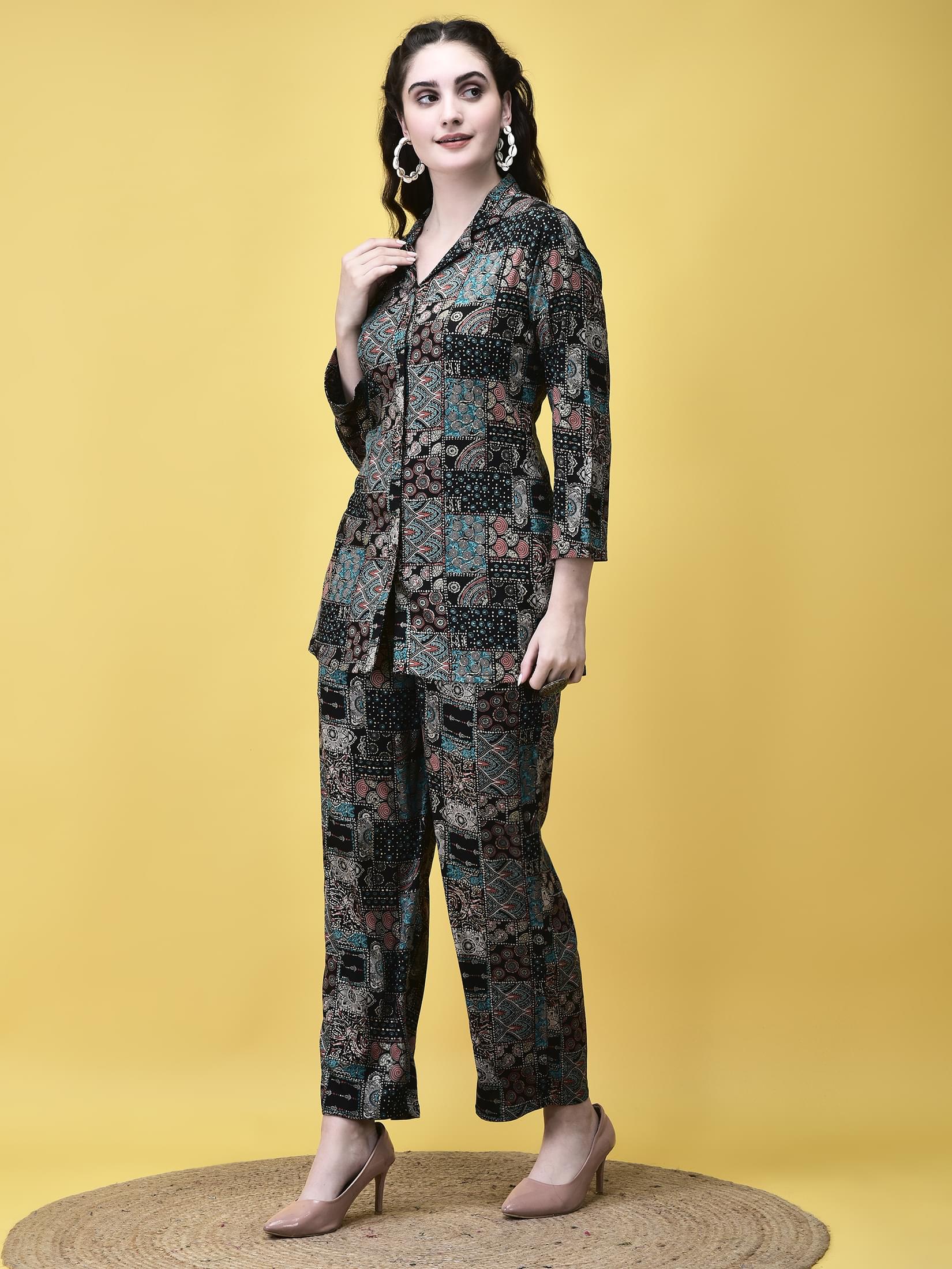Women Viscose Multicolor Geometric Print Co-Ord Set.