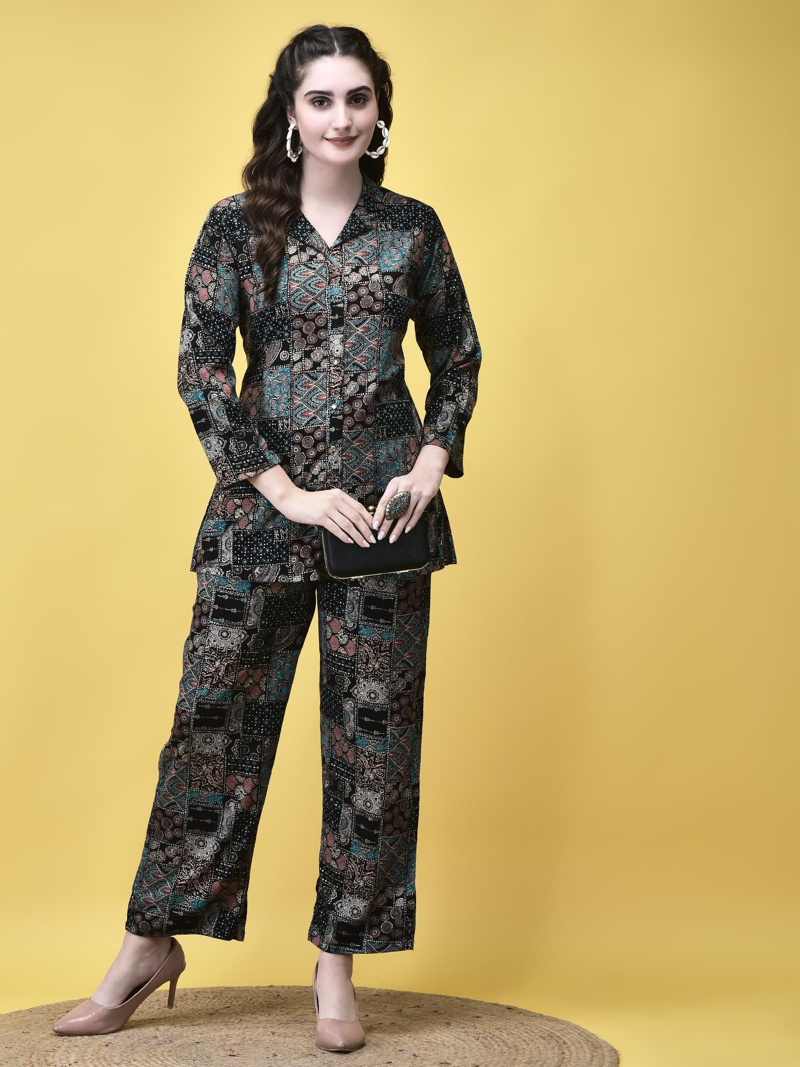 Women Viscose Multicolor Geometric Print Co-Ord Set.