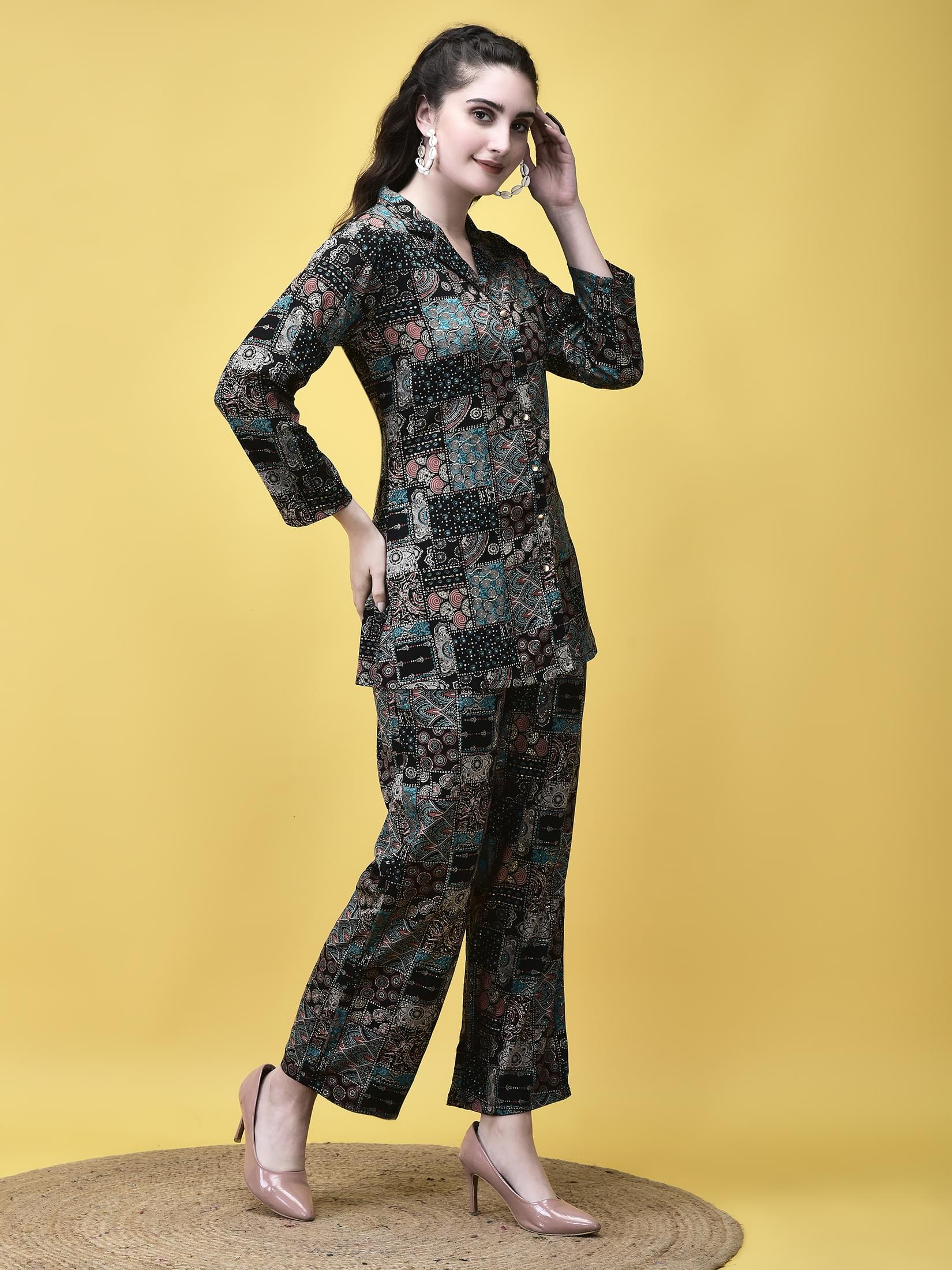Women Viscose Multicolor Geometric Print Co-Ord Set.