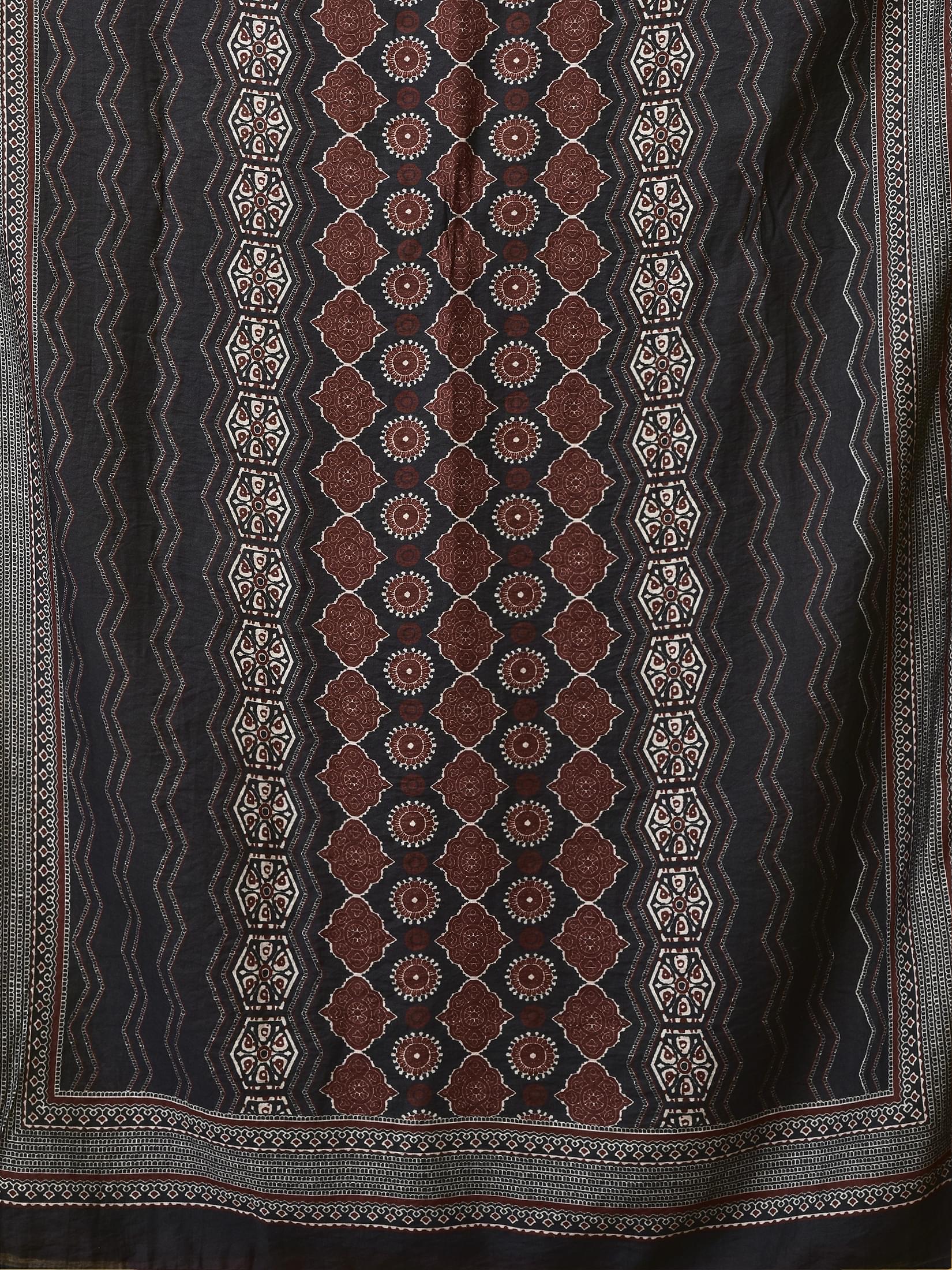 Women Liva Charcoal Grey Ajrakh Print Kurta Comfort Pant Chanderi Dupatta.
