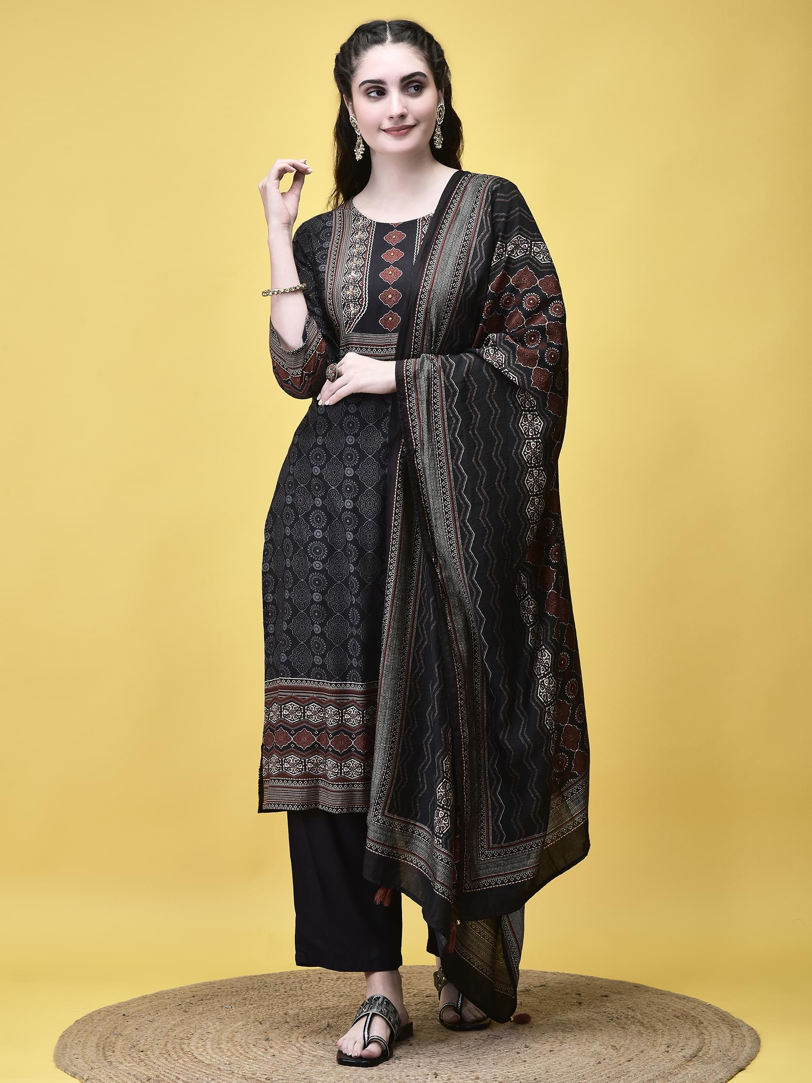 Charcoal grey traditional Ajrakh print Liva kurta with structured Chanderi silk dupatta