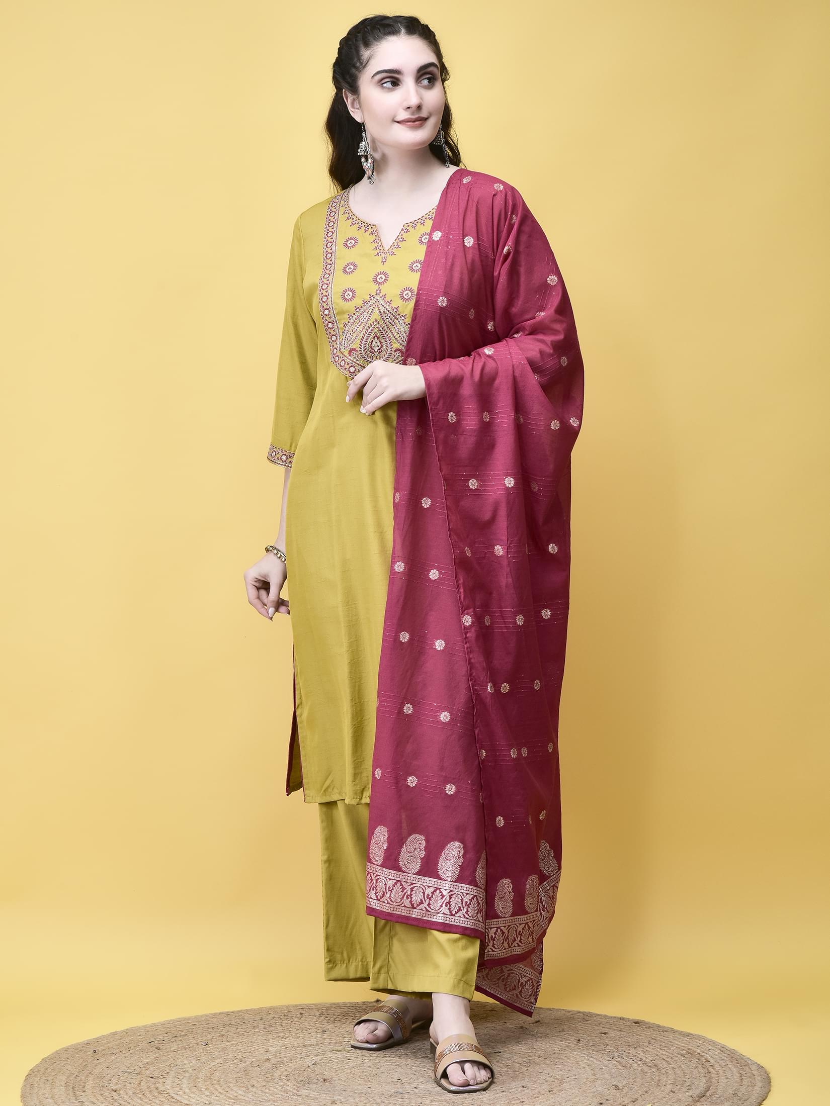 Vibrant lime green embroidered poly viscose comfort style dupatta suit set