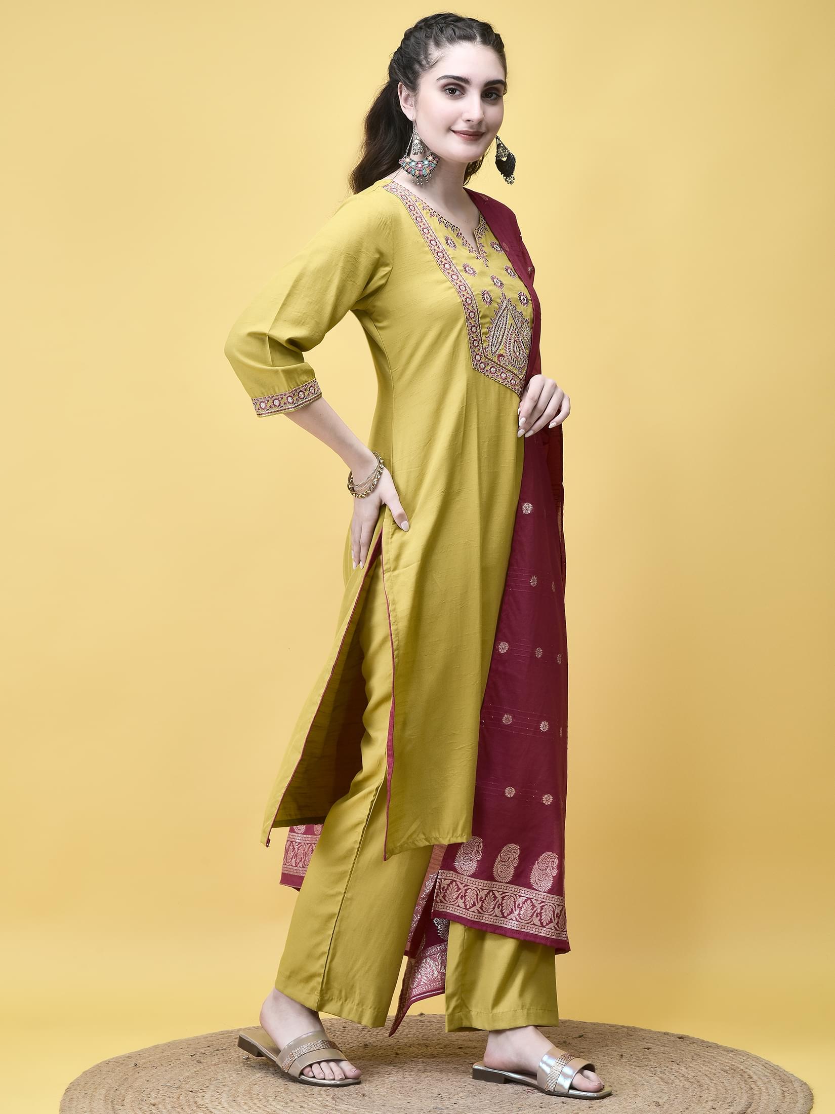 Women Poly Viscose Lime Embroidered Kurta Comfort Pant Dupatta.