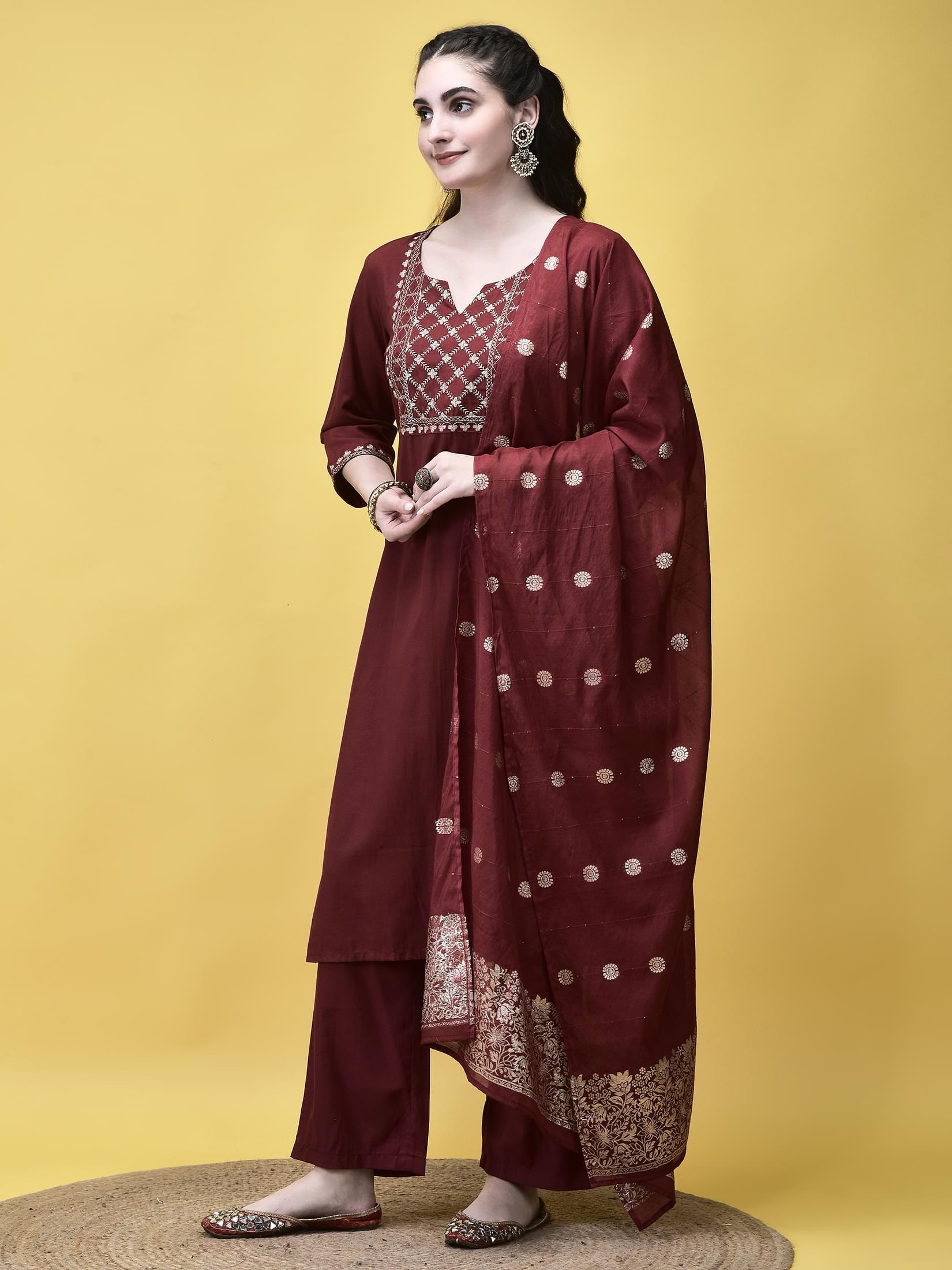 Women Poly Viscose Maroon Embroidered Kurta Comfort Pant Chanderi Dupatta.