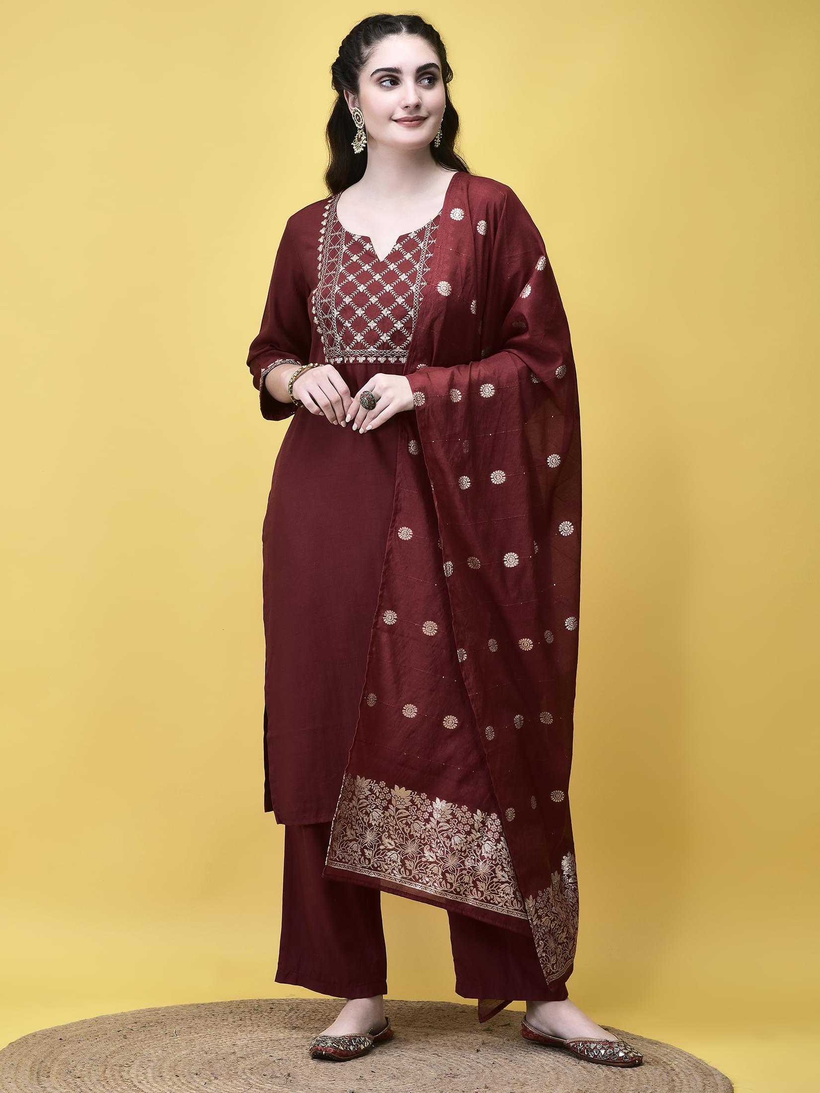 Burgundy maroon intricate embroidery poly viscose salwar suit paired with Chanderi dupatta