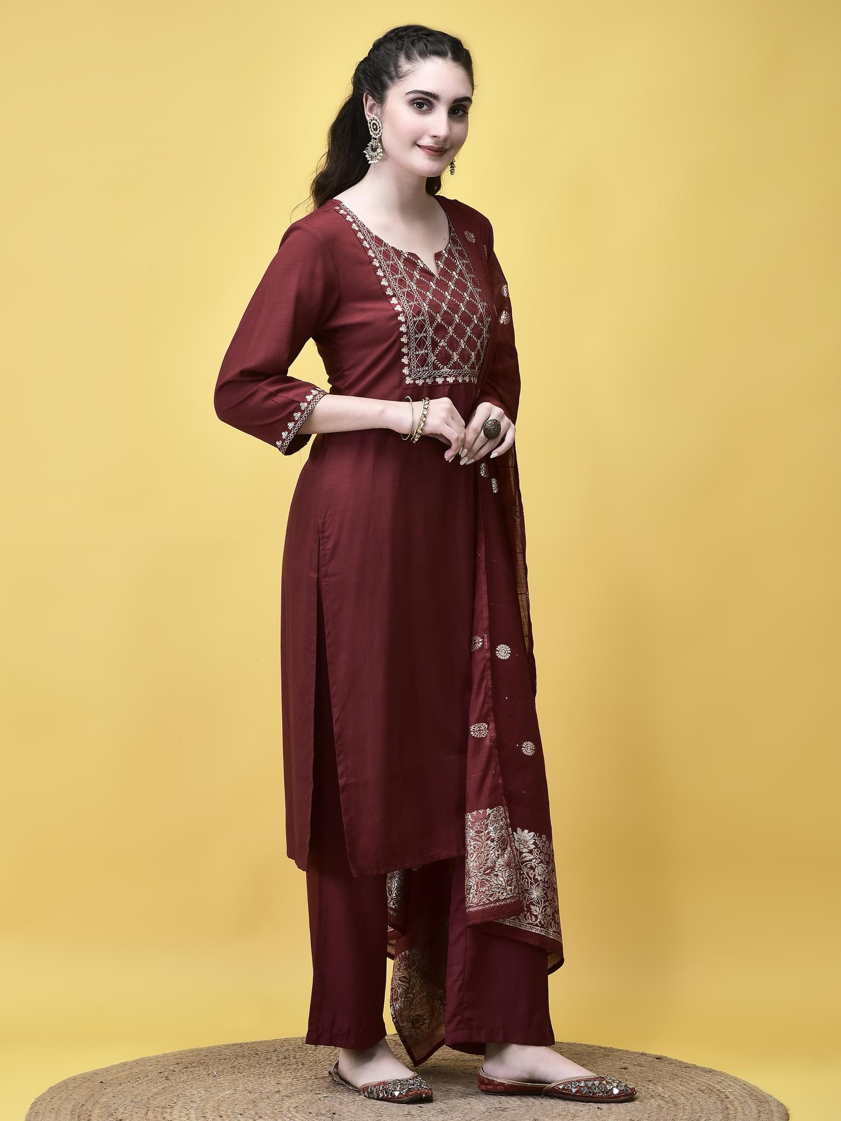 Women Poly Viscose Maroon Embroidered Kurta Comfort Pant Chanderi Dupatta.