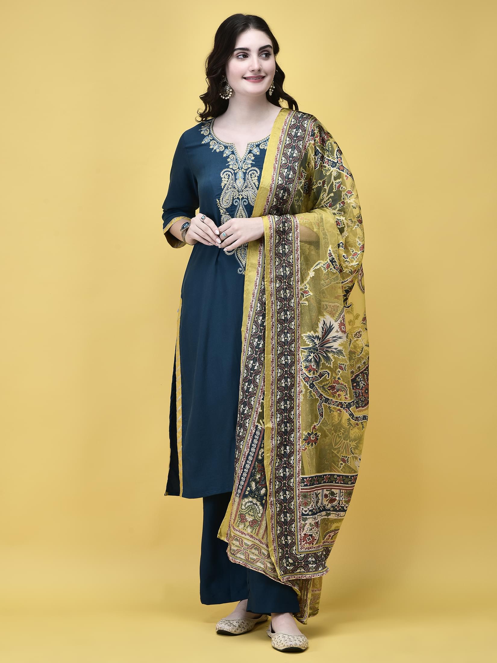 Women Poly Viscose Blue Embroidered Kurta Comfort Pant Dupatta.