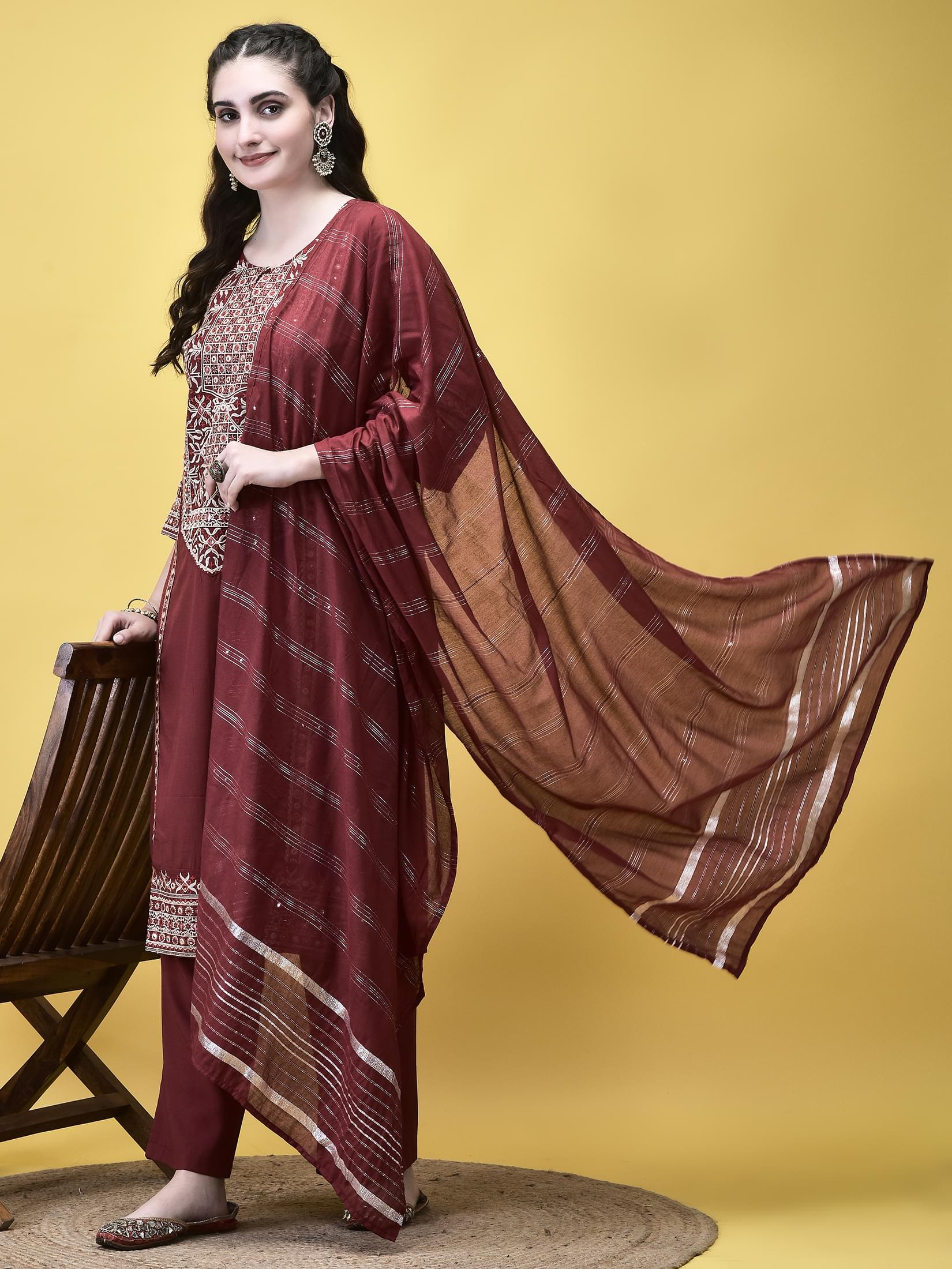 Deep maroon embroidered poly viscose traditional trouser suit with elegant Chanderi dupatta