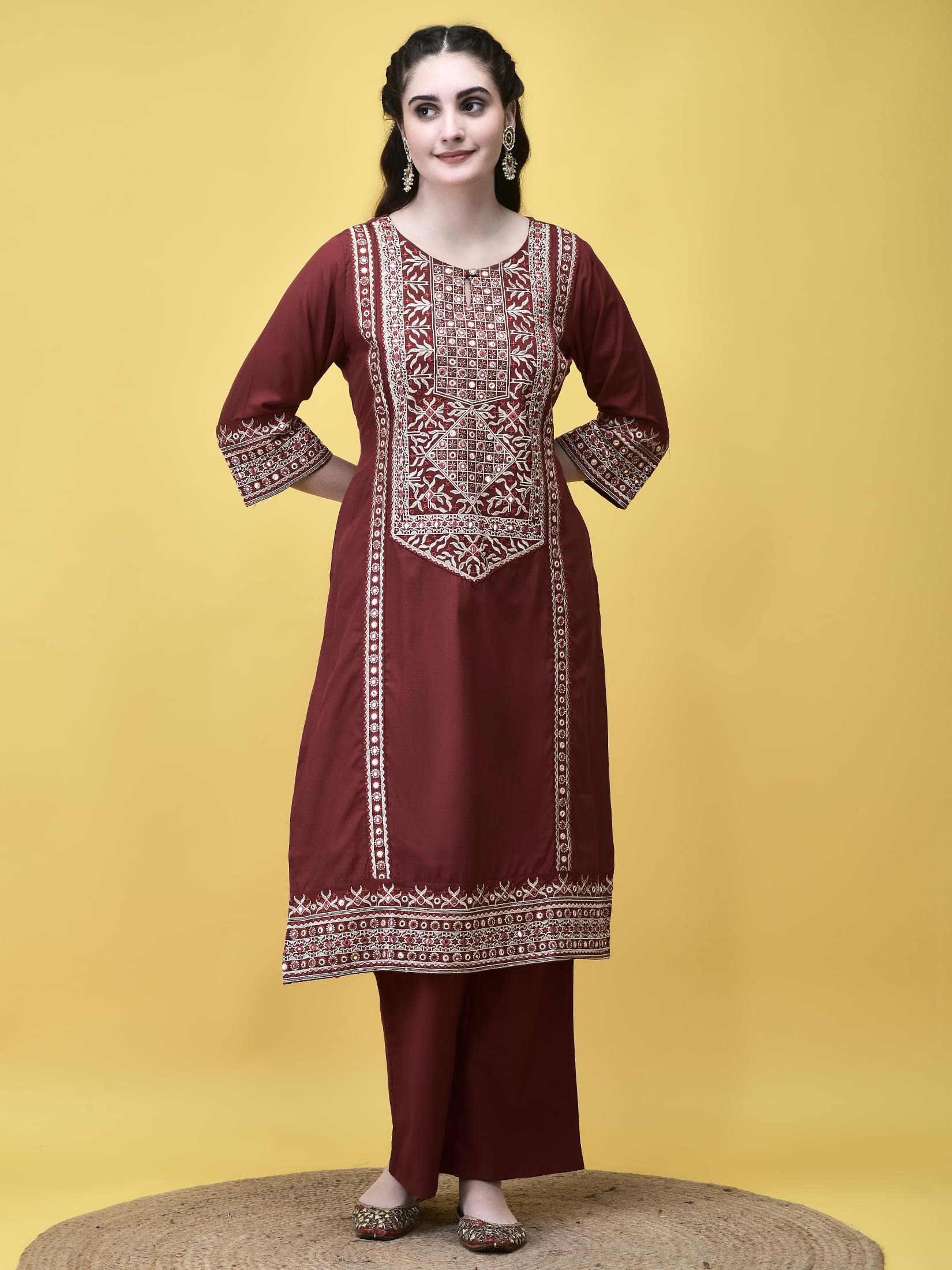Women Poly Viscose Maroon Embroidered Kurta Comfort Pant Chanderi Dupatta.