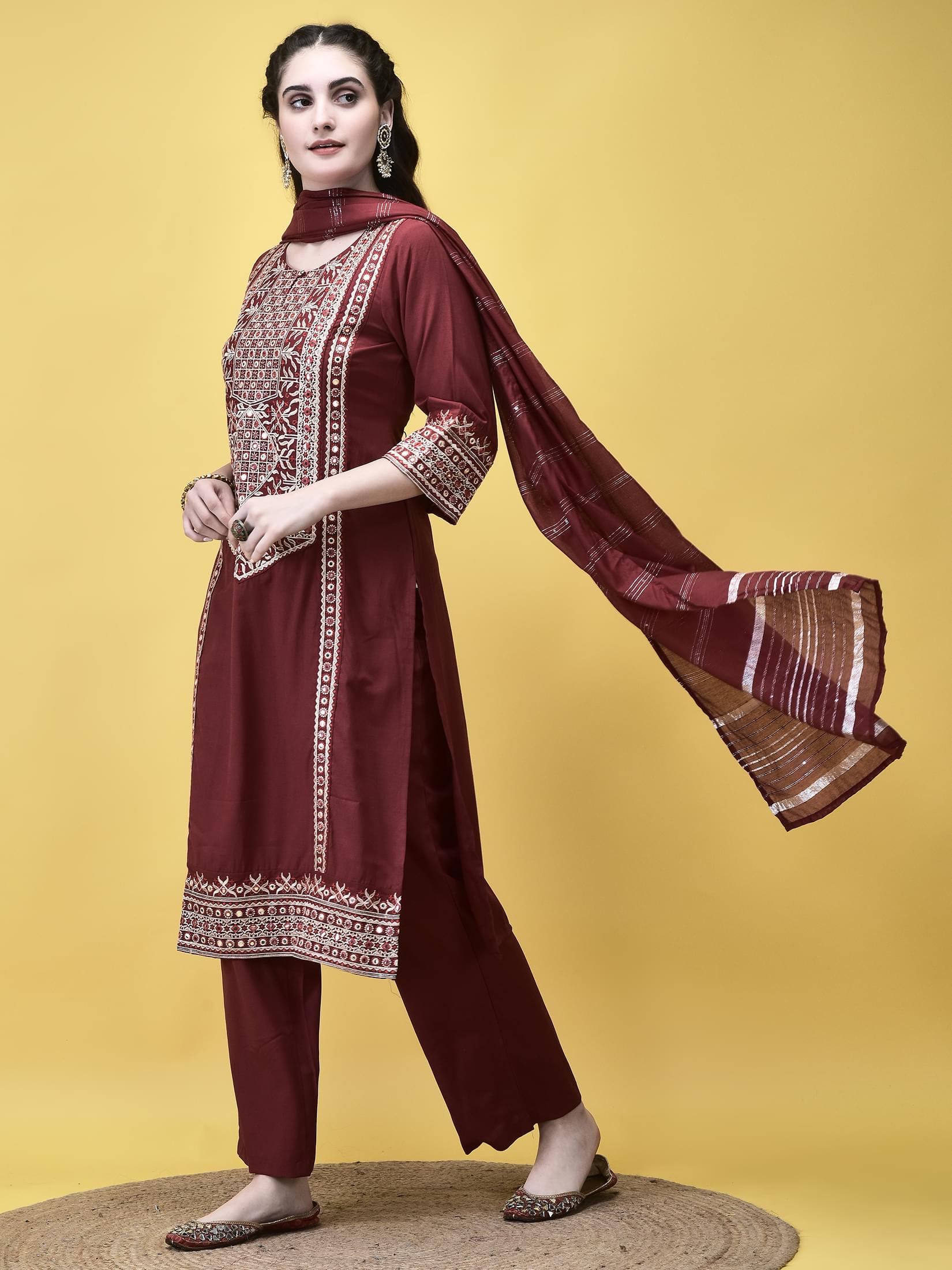 Women Poly Viscose Maroon Embroidered Kurta Comfort Pant Chanderi Dupatta.