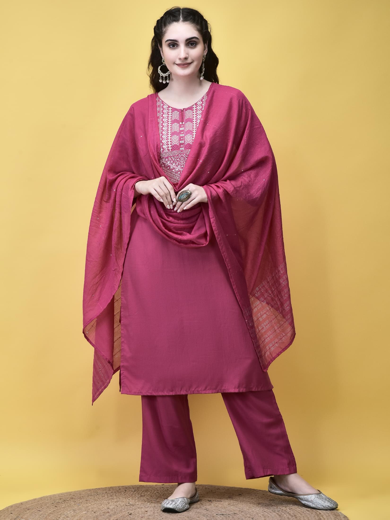 Blush pink delicate embroidered poly viscose regular fit kurta pant dupatta set