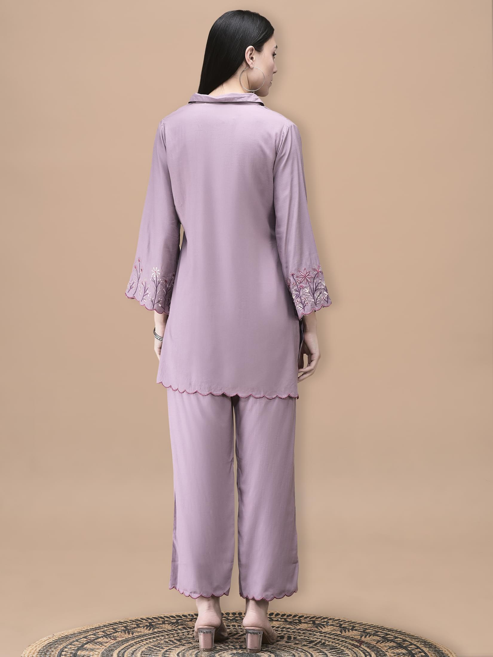 Women Poly Viscose Lilac Embroidered Co-Ord Set.
