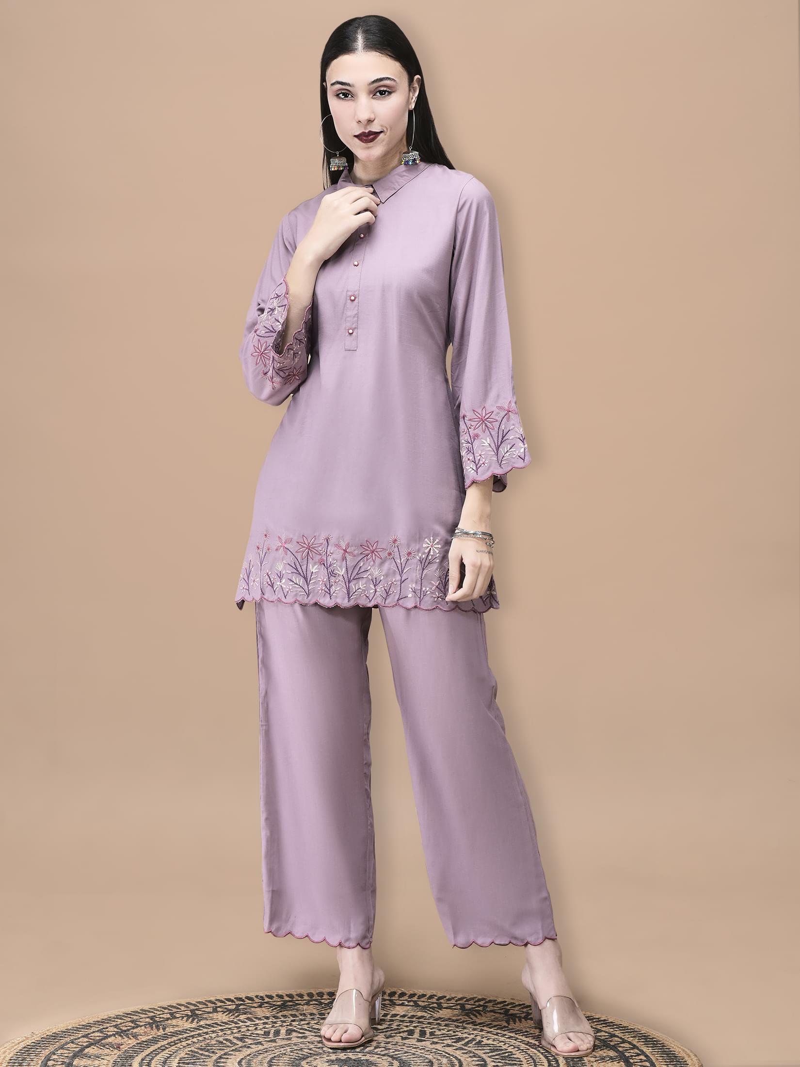 Lilac purple embroidered poly viscose lifestyle co-ord set for women