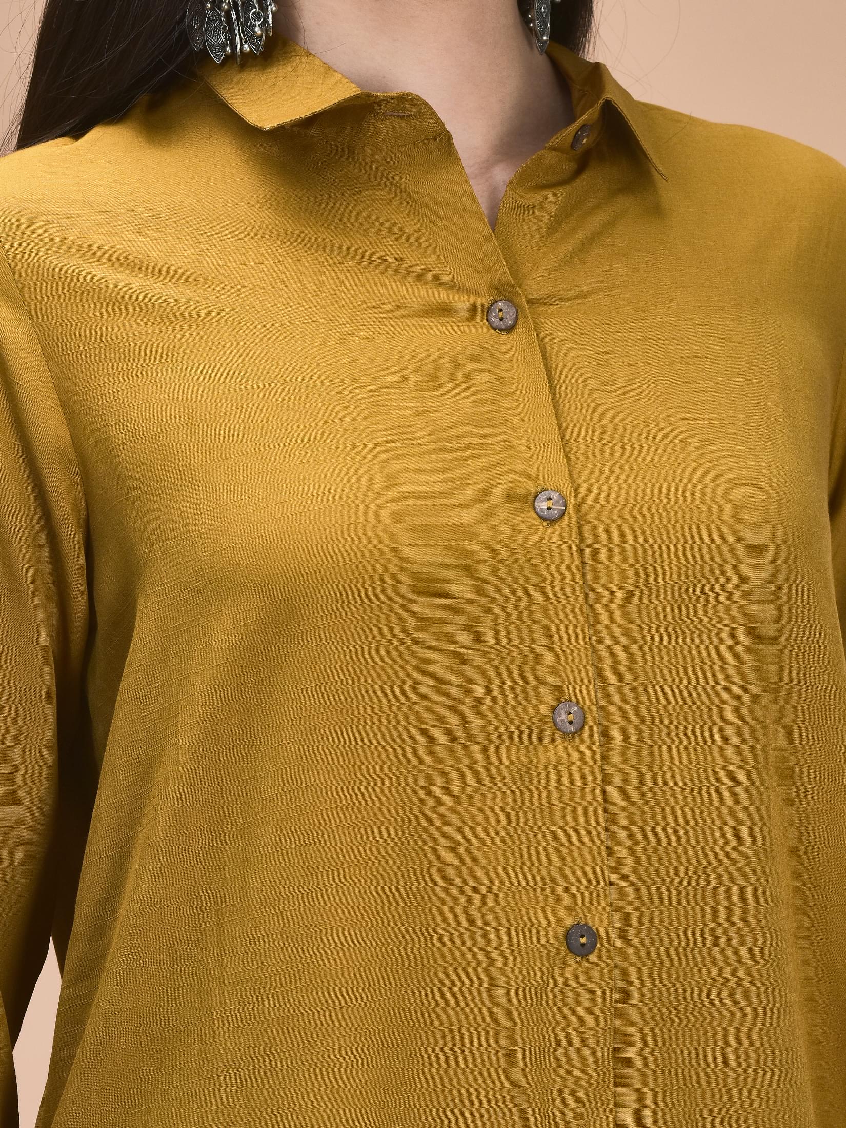 Women Poly Viscose Ochre Yellow Embroidered Co-Ord Set.