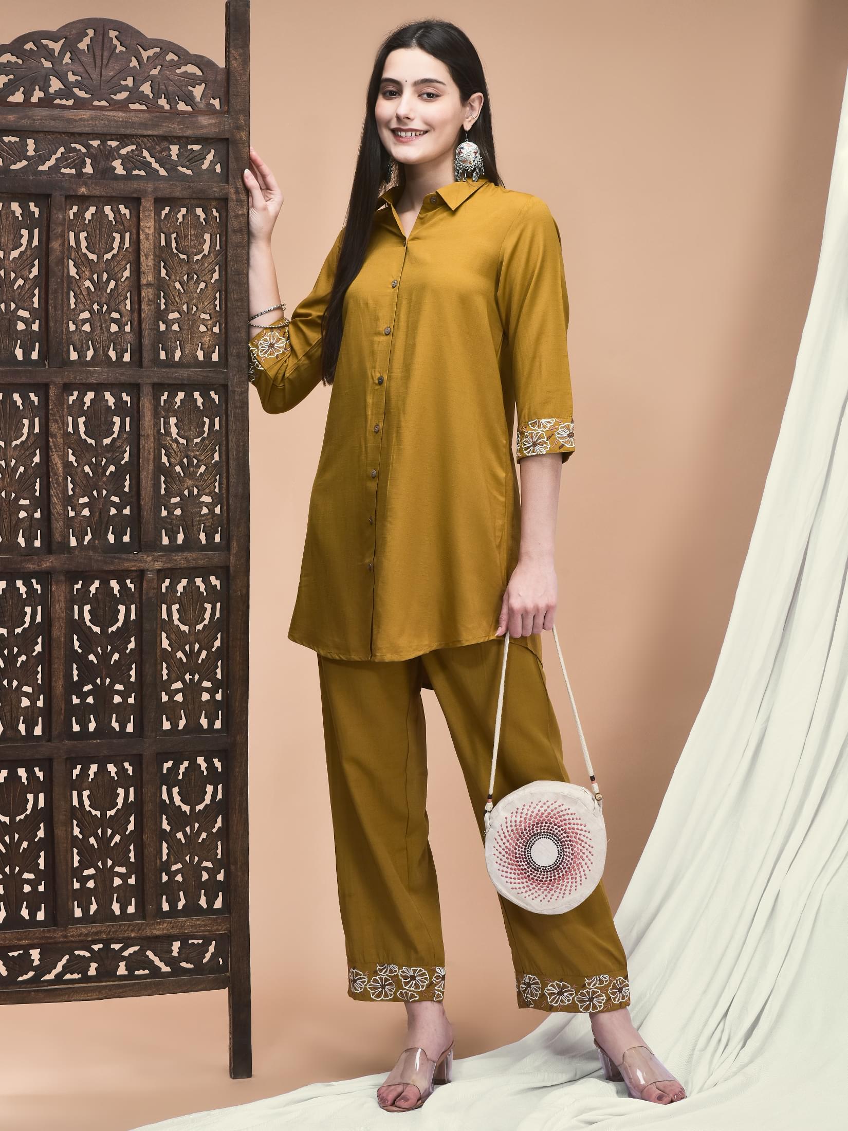 Ochre yellow detailed embroidery poly viscose functional office wear co-ord set
