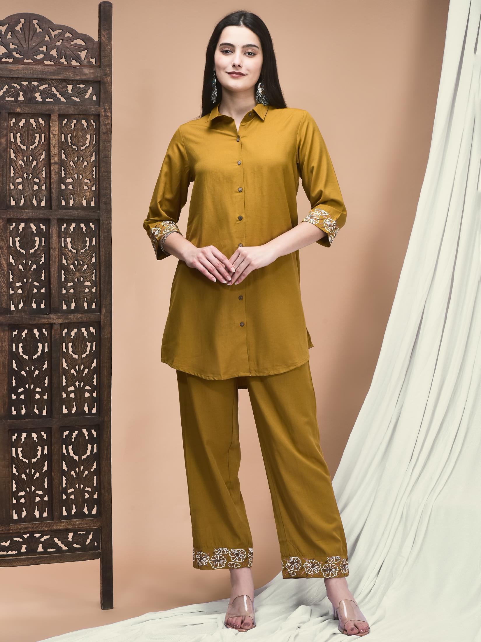 Women Poly Viscose Ochre Yellow Embroidered Co-Ord Set.