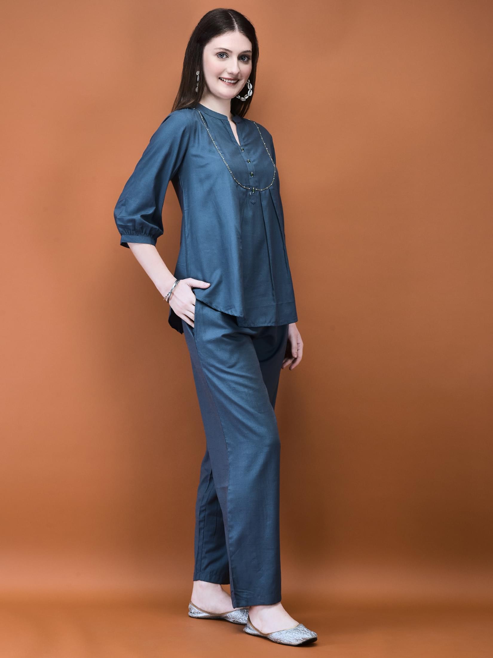 Women Poly Viscose Blue Solid Co-Ord Set.