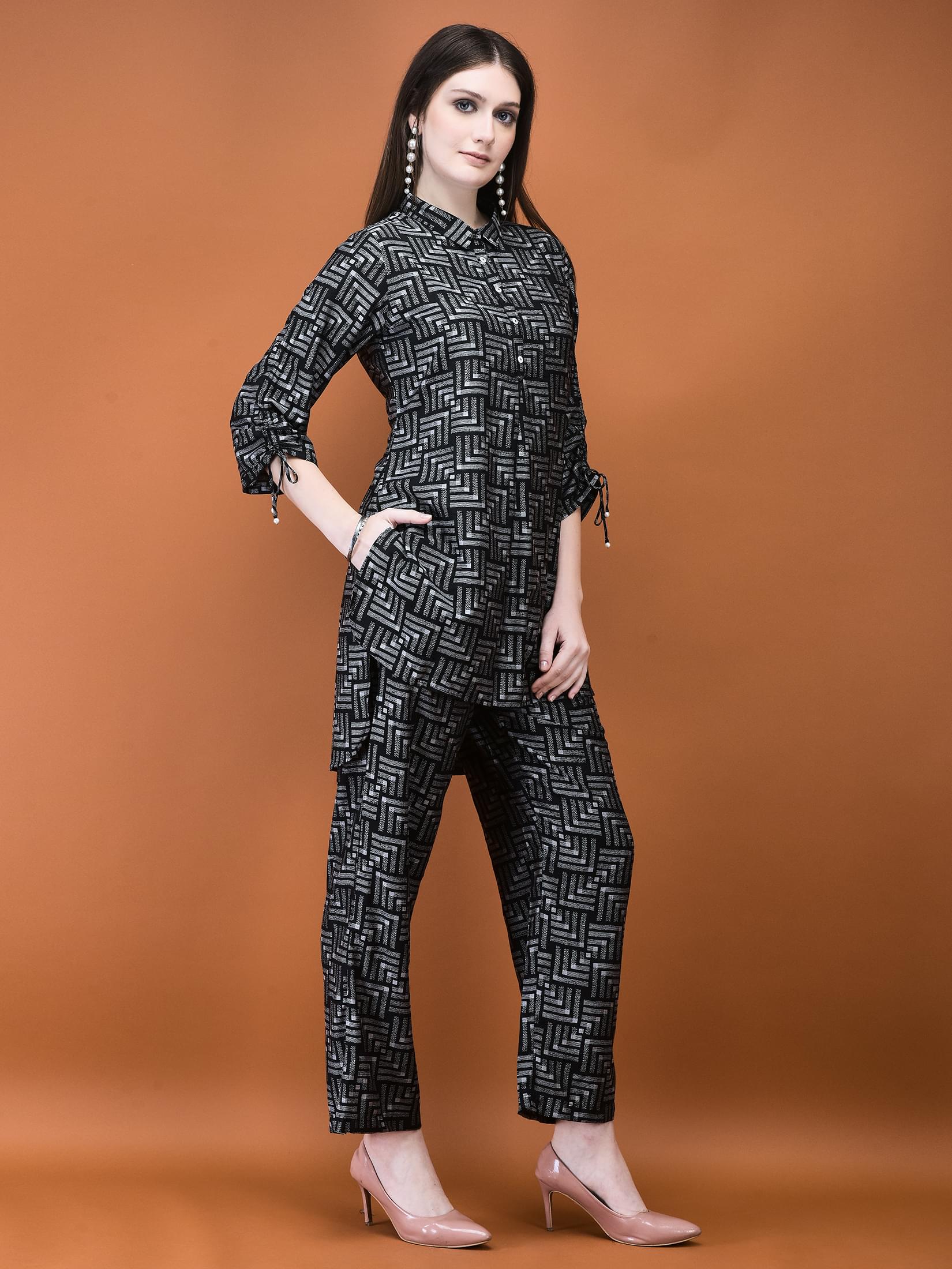 Women Liva (Viscose) Black Geometric Print Co-Ord Set.