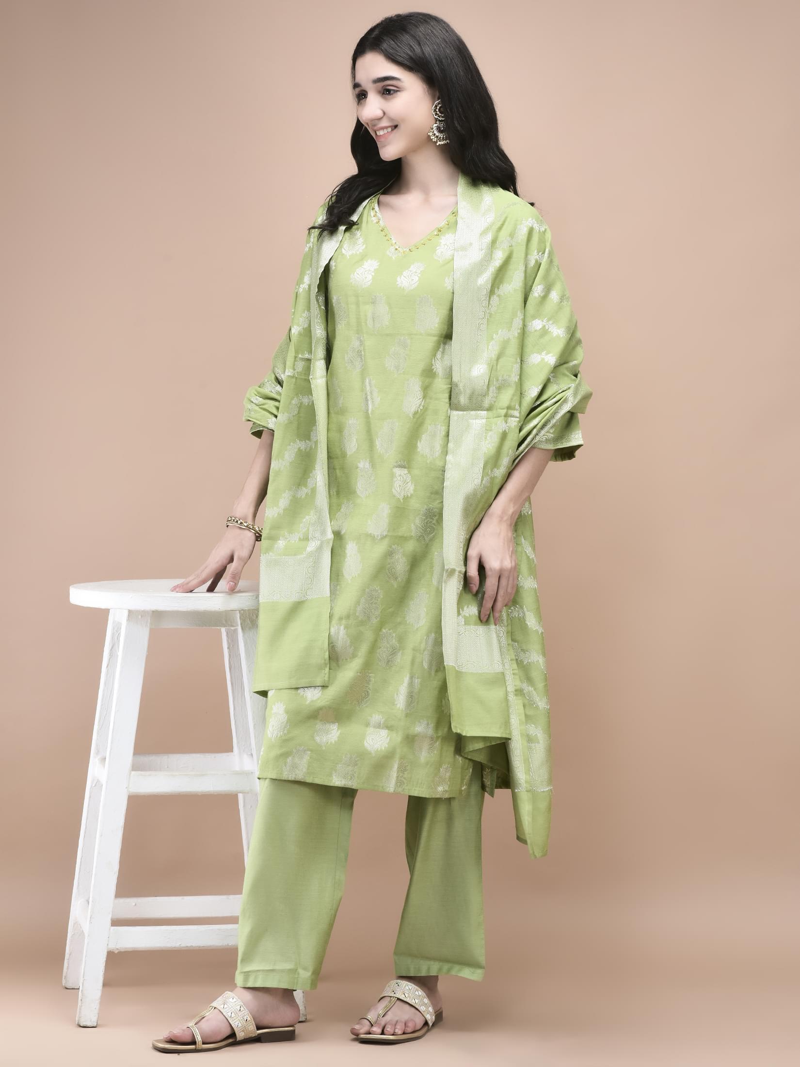 Mint green self woven cotton jacquard festive wear straight suit set