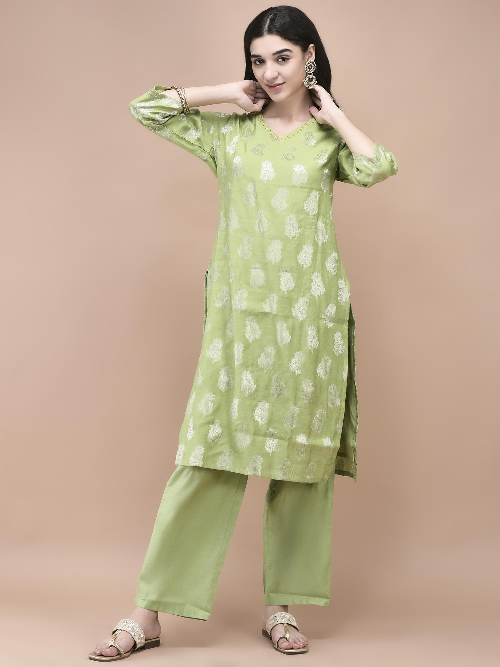 Women Cotton Jacquard Green Woven Kurta Comfort Pant Dupatta.