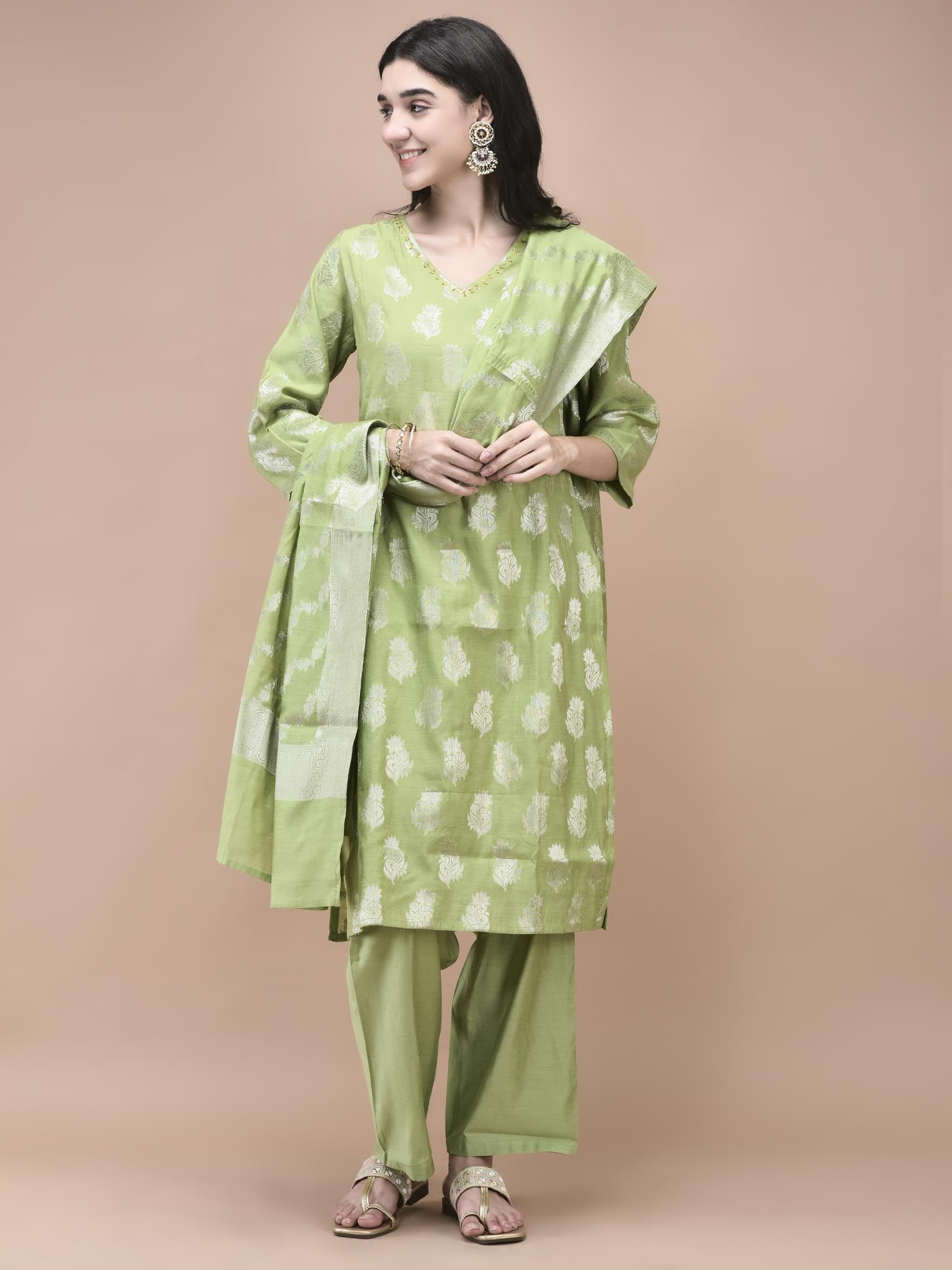 Women Cotton Jacquard Green Woven Kurta Comfort Pant Dupatta.