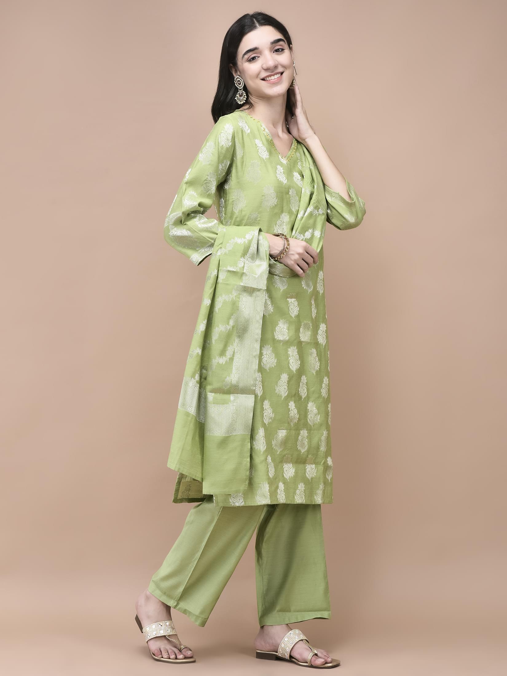 Women Cotton Jacquard Green Woven Kurta Comfort Pant Dupatta.