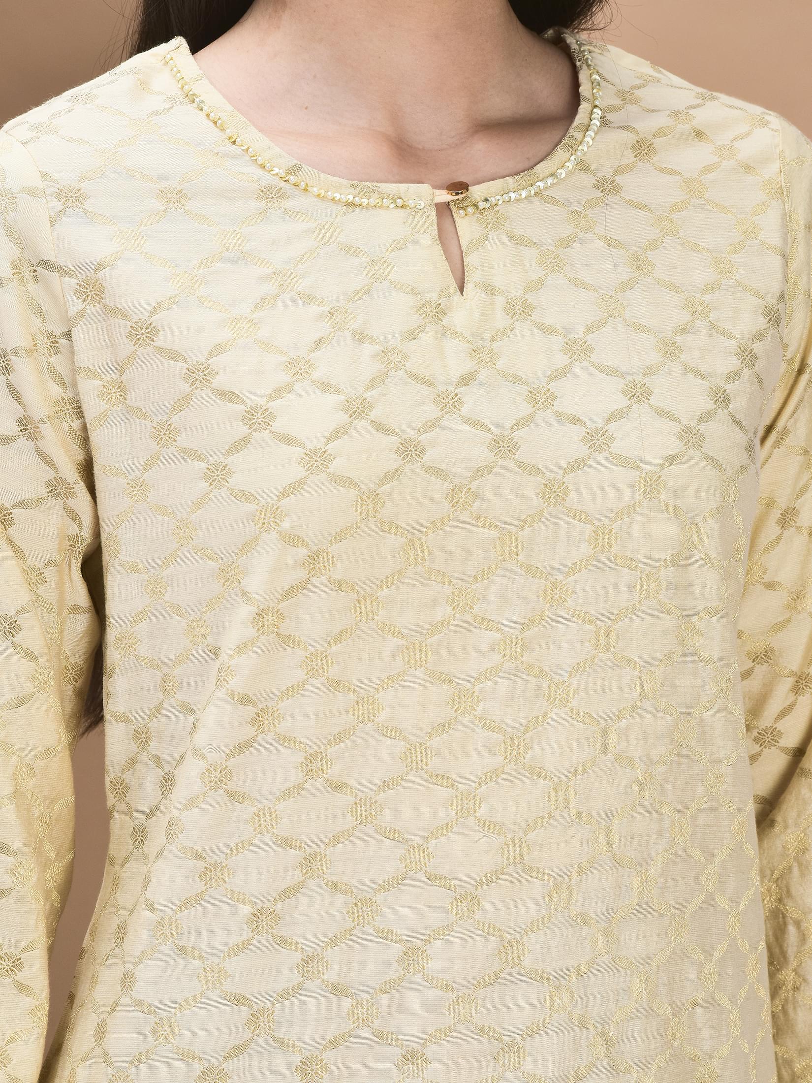 Women Cotton Jacquard Beige Woven Kurta Comfort Pant Dupatta.