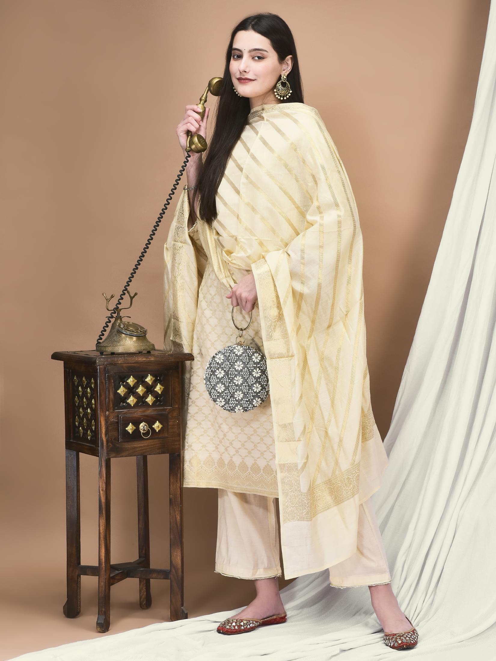 Women Cotton Jacquard Beige Woven Kurta Comfort Pant Dupatta.