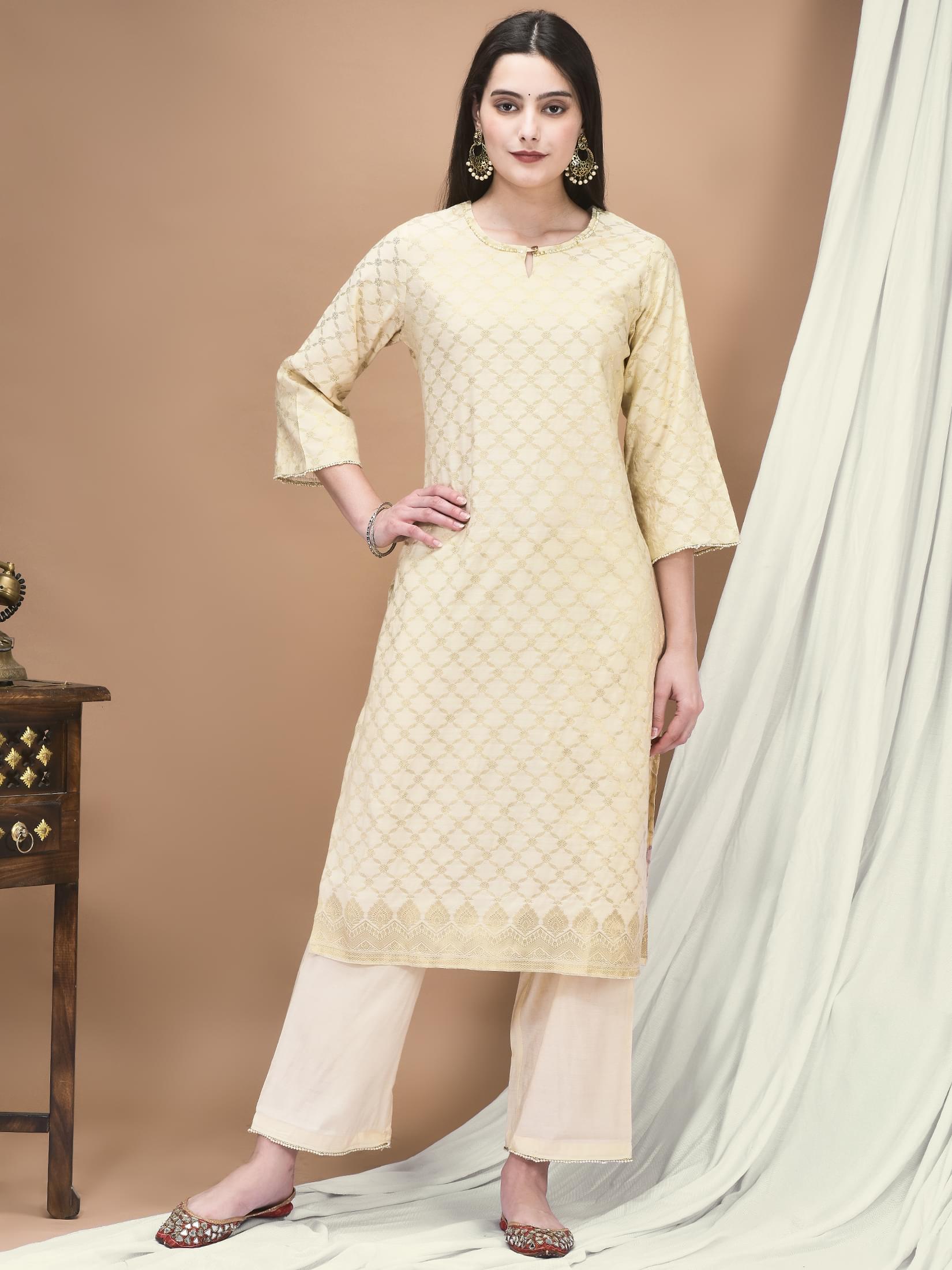 Women Cotton Jacquard Beige Woven Kurta Comfort Pant Dupatta.