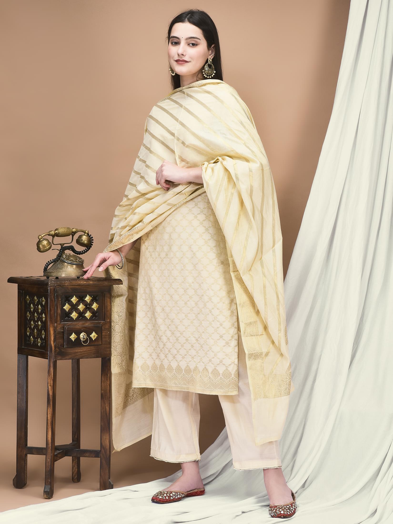 Women Cotton Jacquard Beige Woven Kurta Comfort Pant Dupatta.