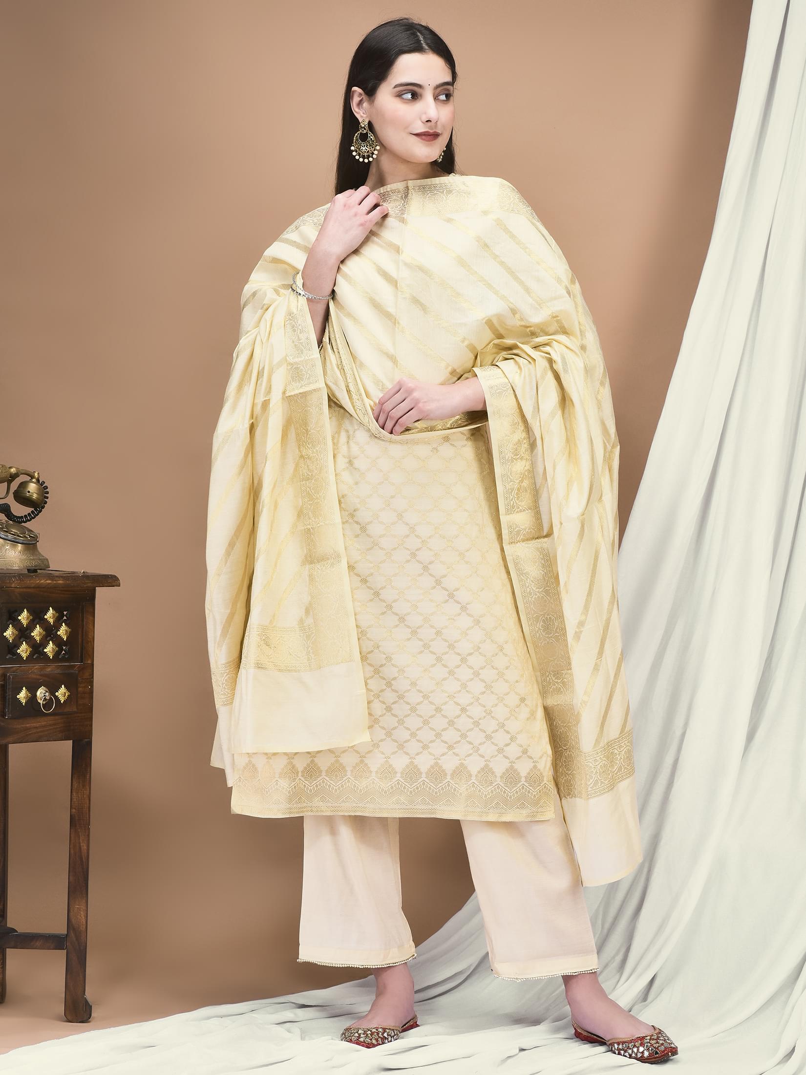Women Cotton Jacquard Beige Woven Kurta Comfort Pant Dupatta.