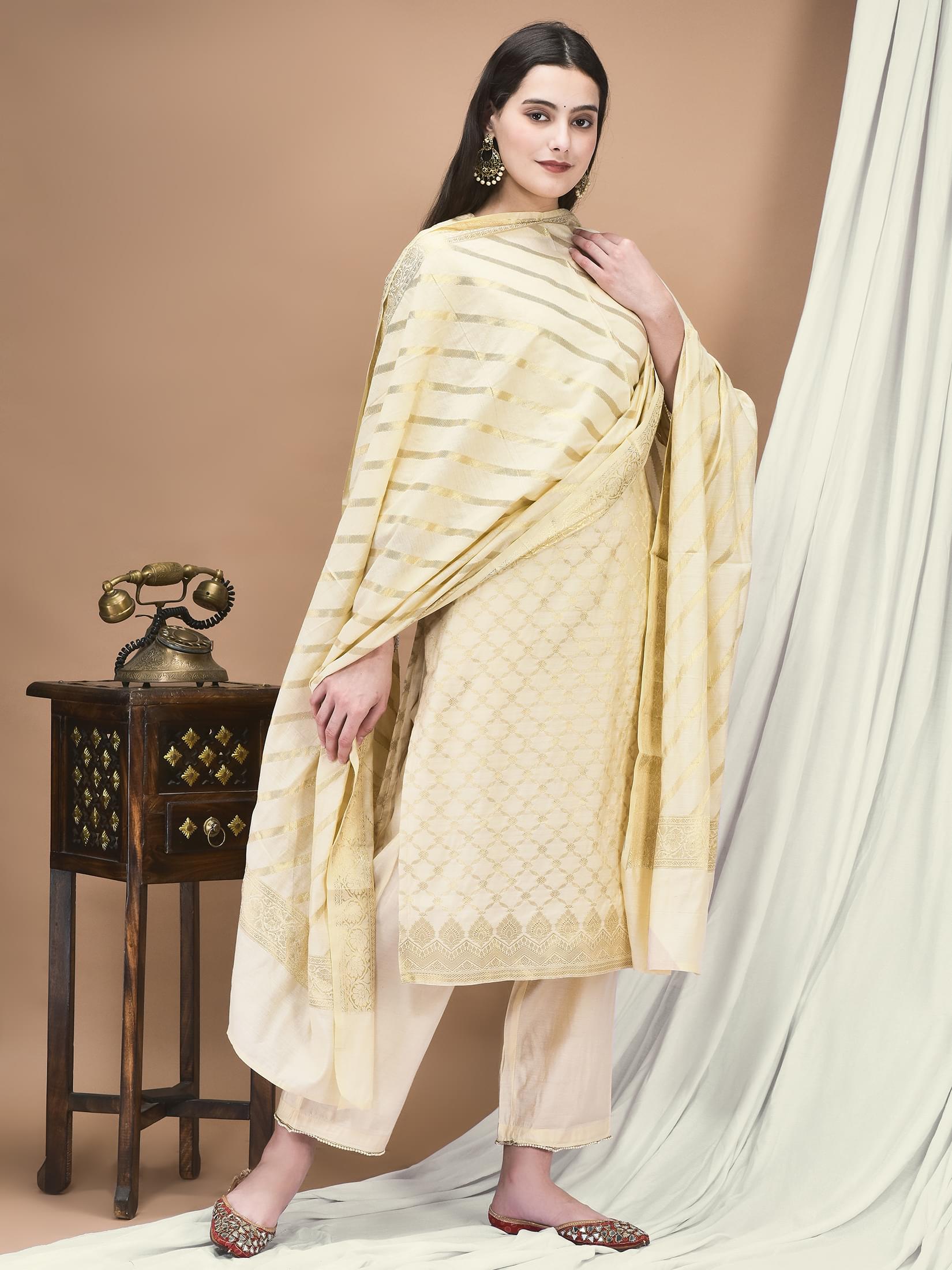 Women Cotton Jacquard Beige Woven Kurta Comfort Pant Dupatta.