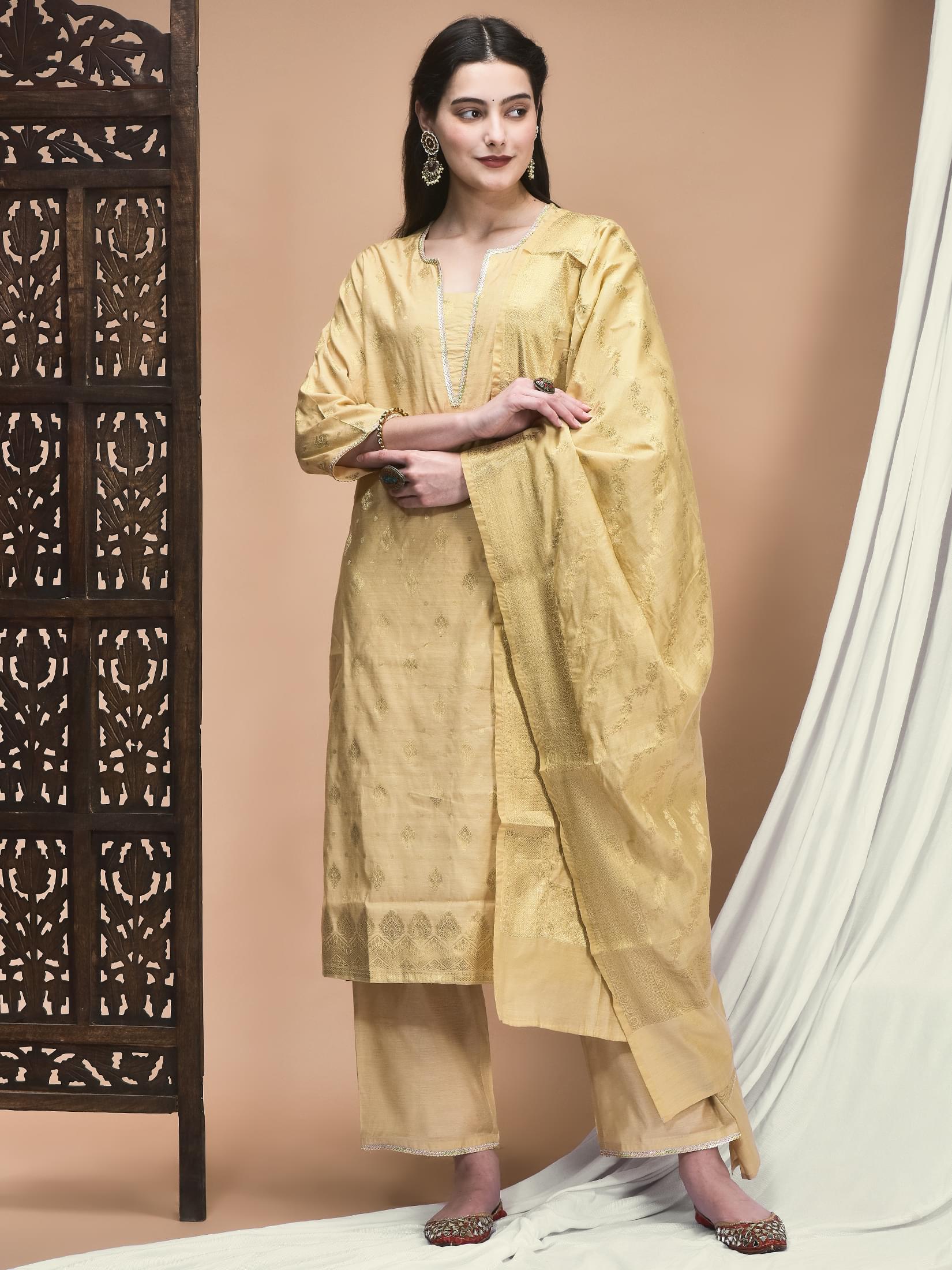 Classic beige self pattern woven jacquard trouser suit set with dupatta