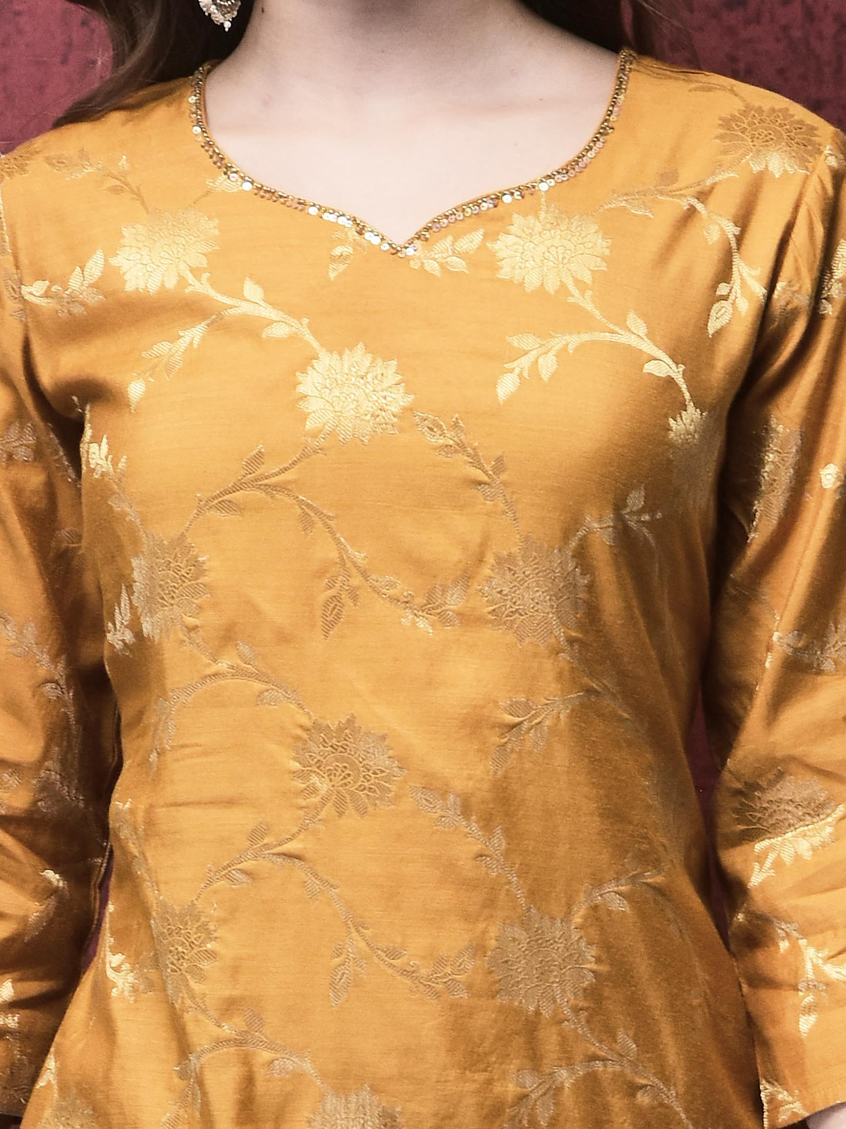 Women Cotton Jacquard Mustard Kurta Comfort Pant Dupatta.