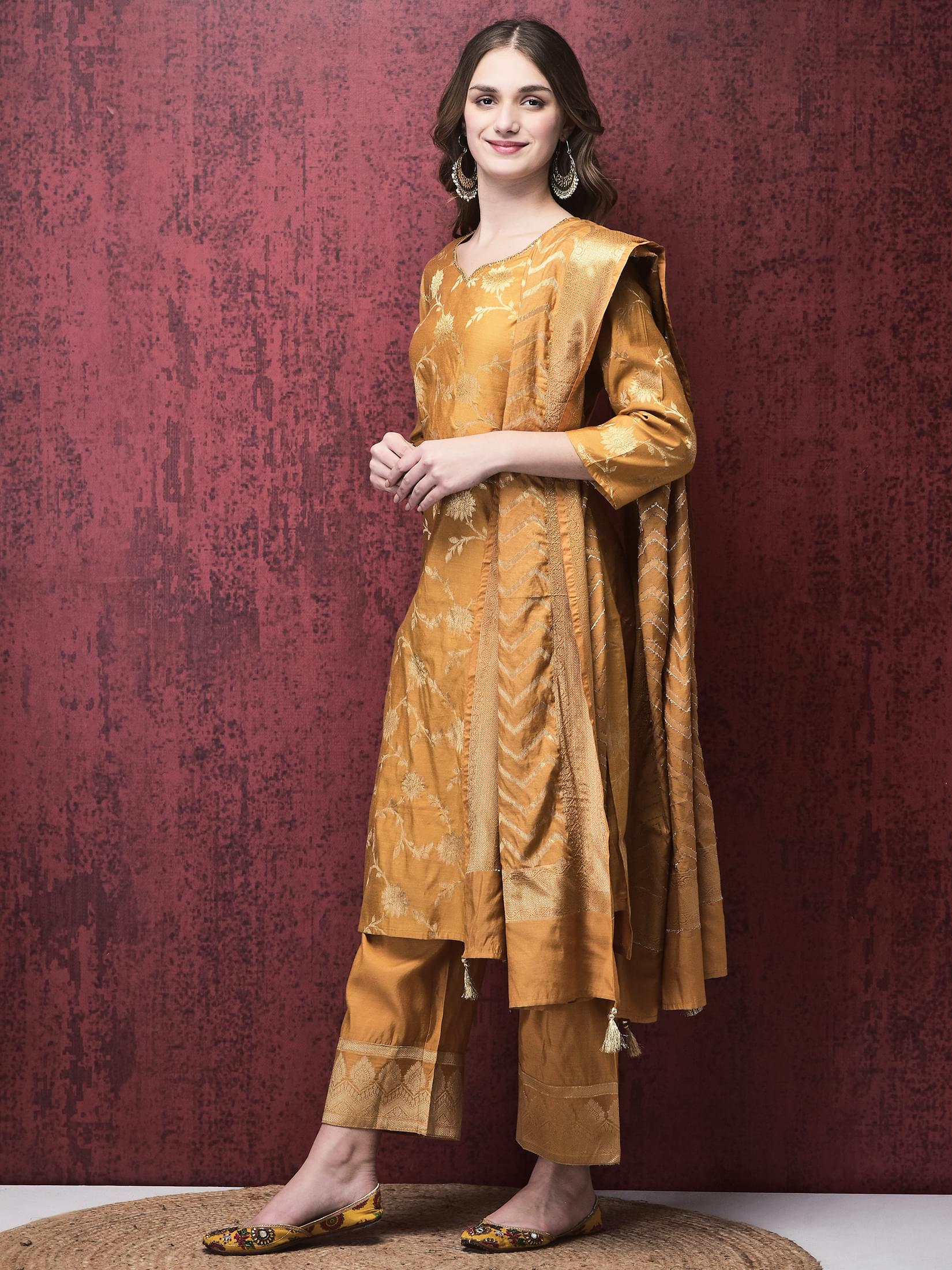 Women Cotton Jacquard Mustard Kurta Comfort Pant Dupatta.