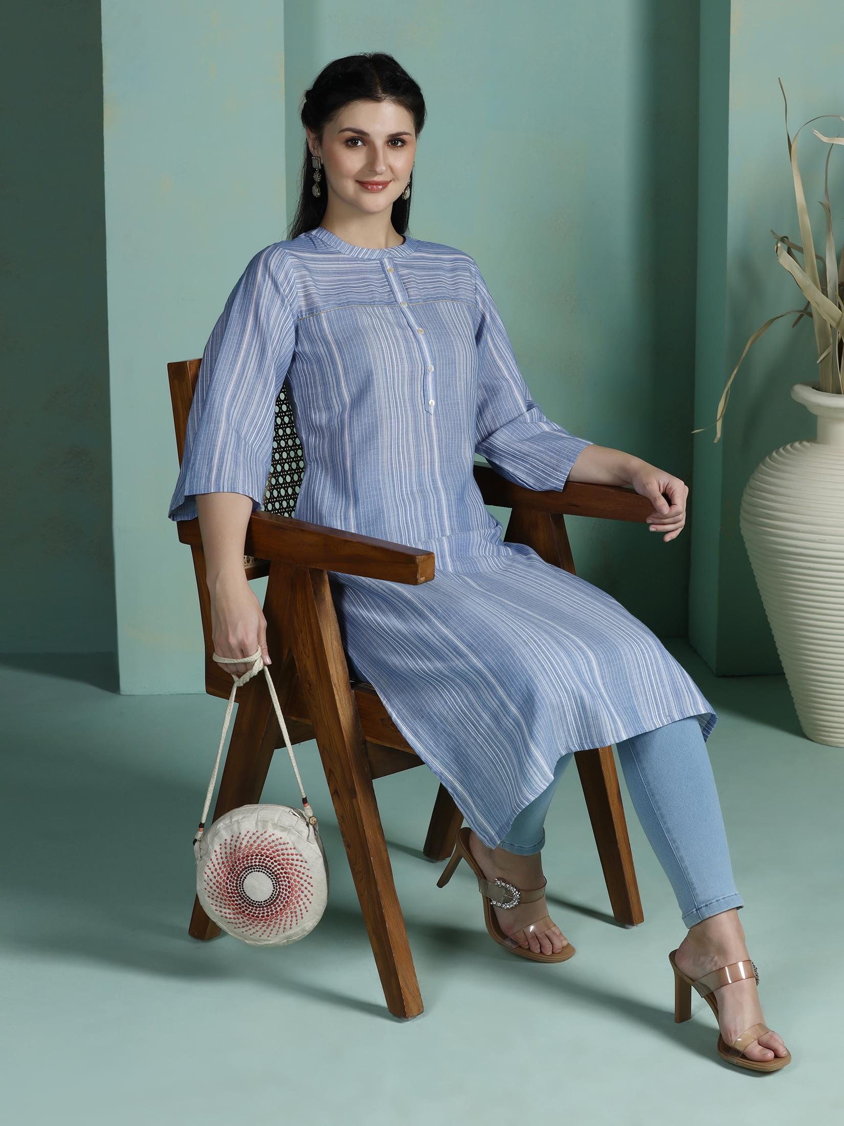 Classic blue textured yarn dyed cotton comfortable daily wear casual kurta