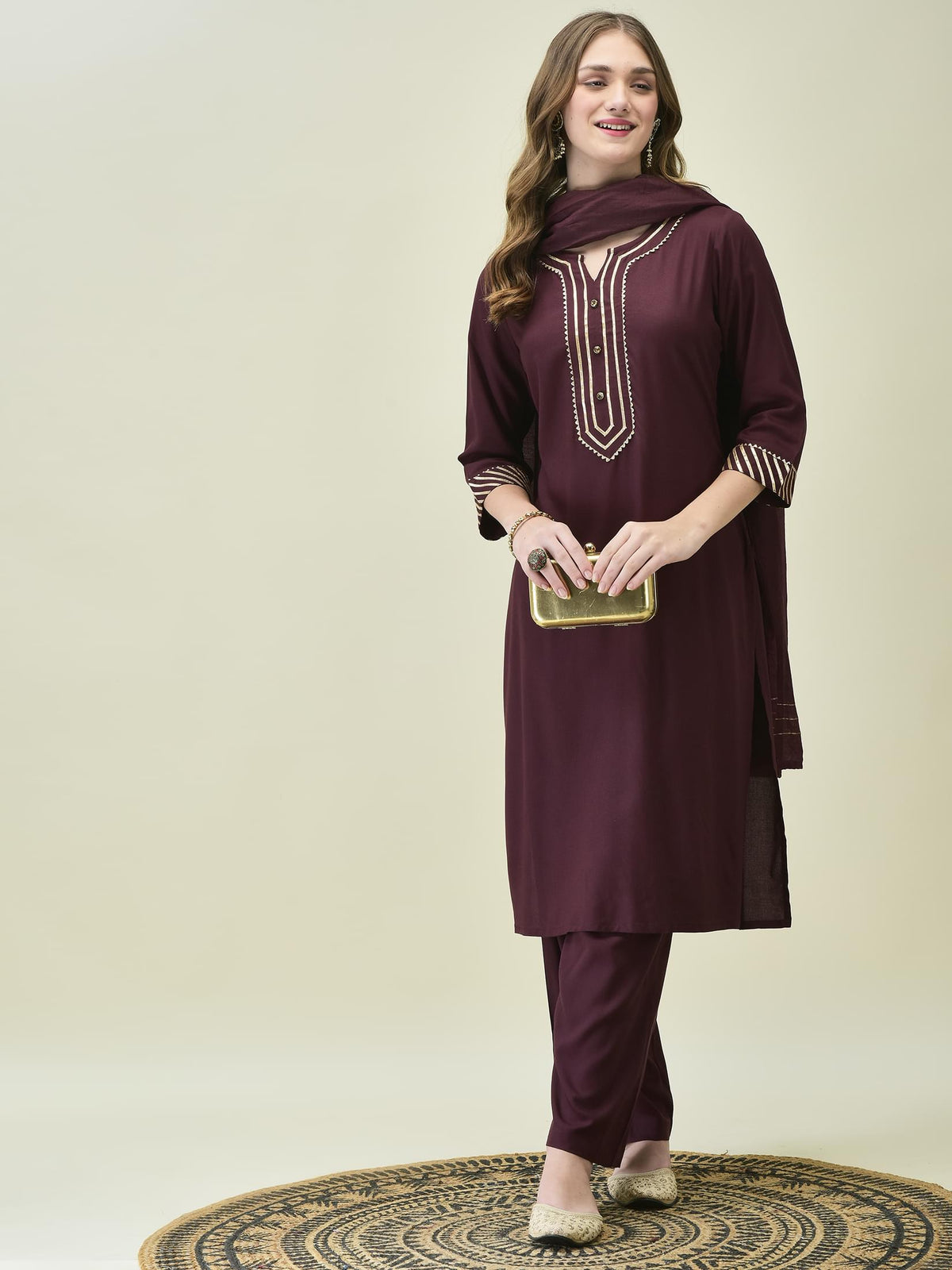 Women Solid Burgundy Kurta Comfort Pant Dupatta.