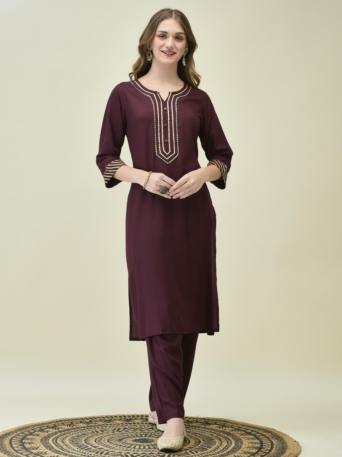 Women Solid Burgundy Kurta Comfort Pant Dupatta.