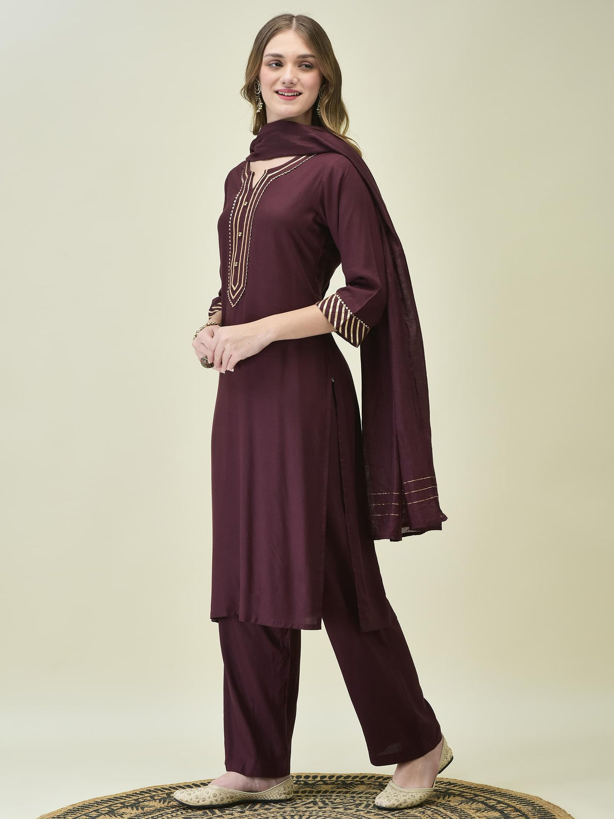 Women Solid Burgundy Kurta Comfort Pant Dupatta.