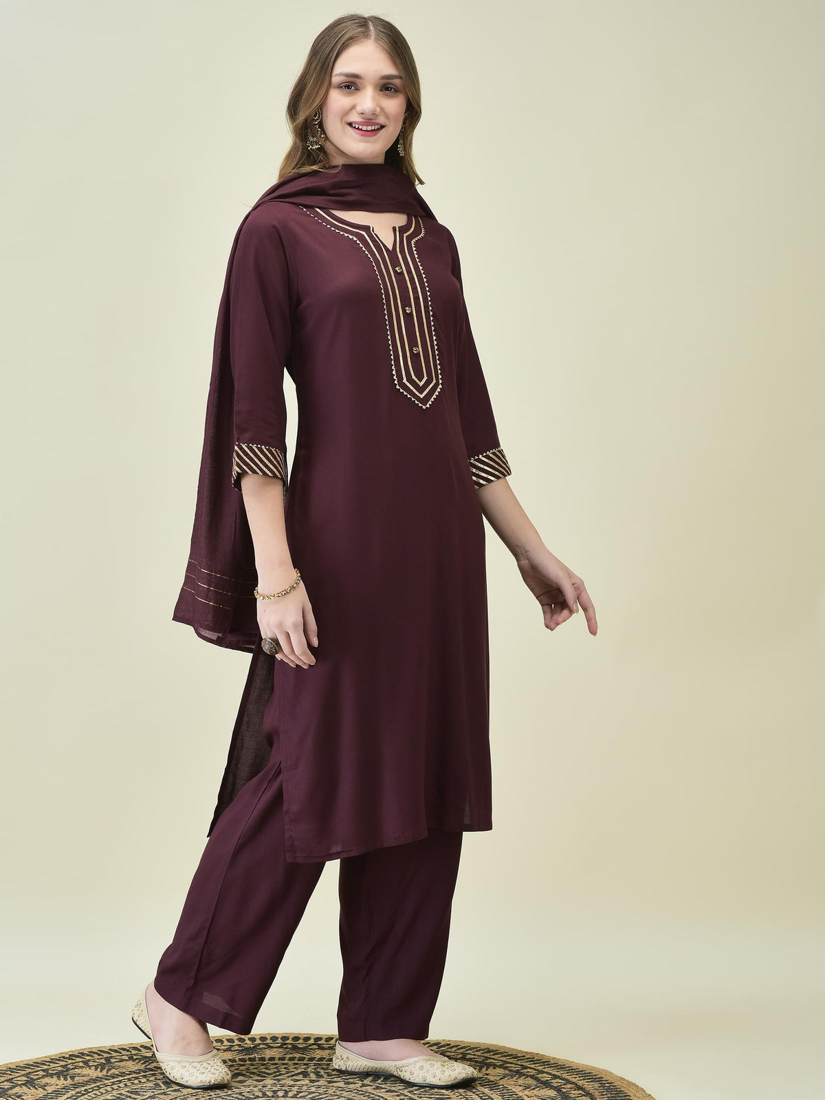 Women Solid Burgundy Kurta Comfort Pant Dupatta.