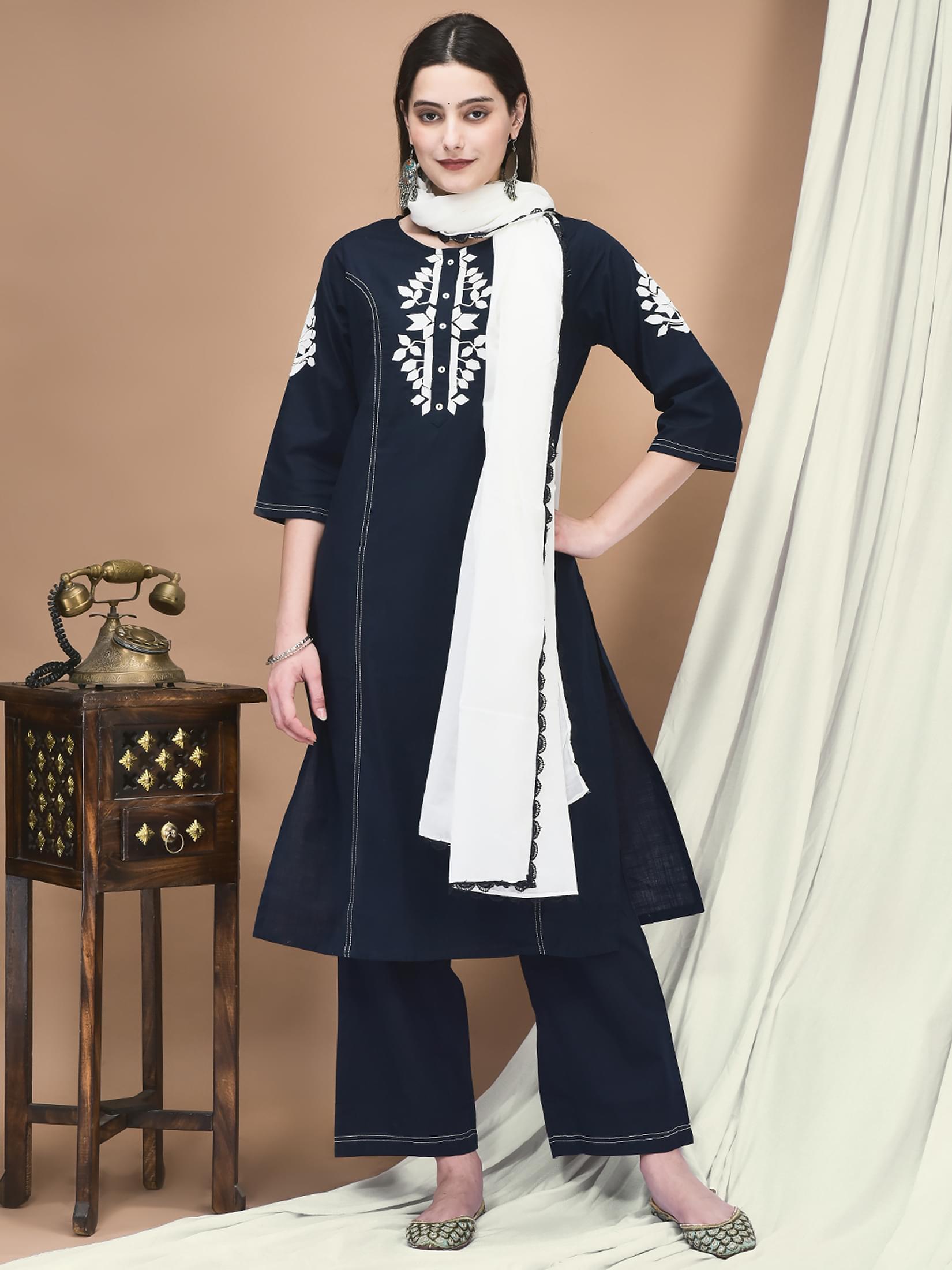 Classic navy blue embroidered pure linen luxury office wear straight suit set