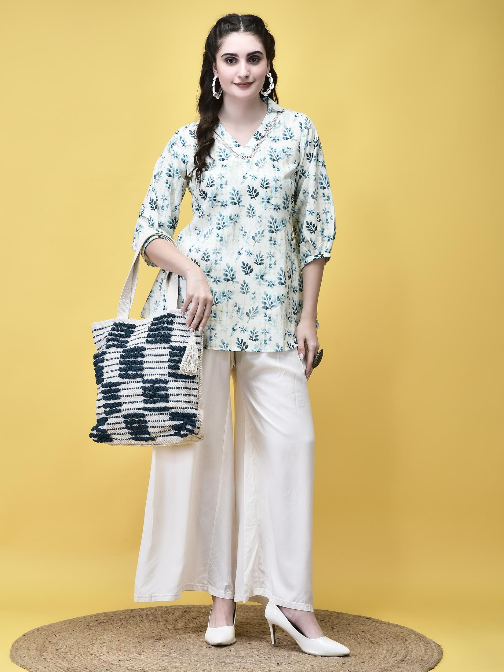 Women Linen Off White & Teal Texture Print Tunic.