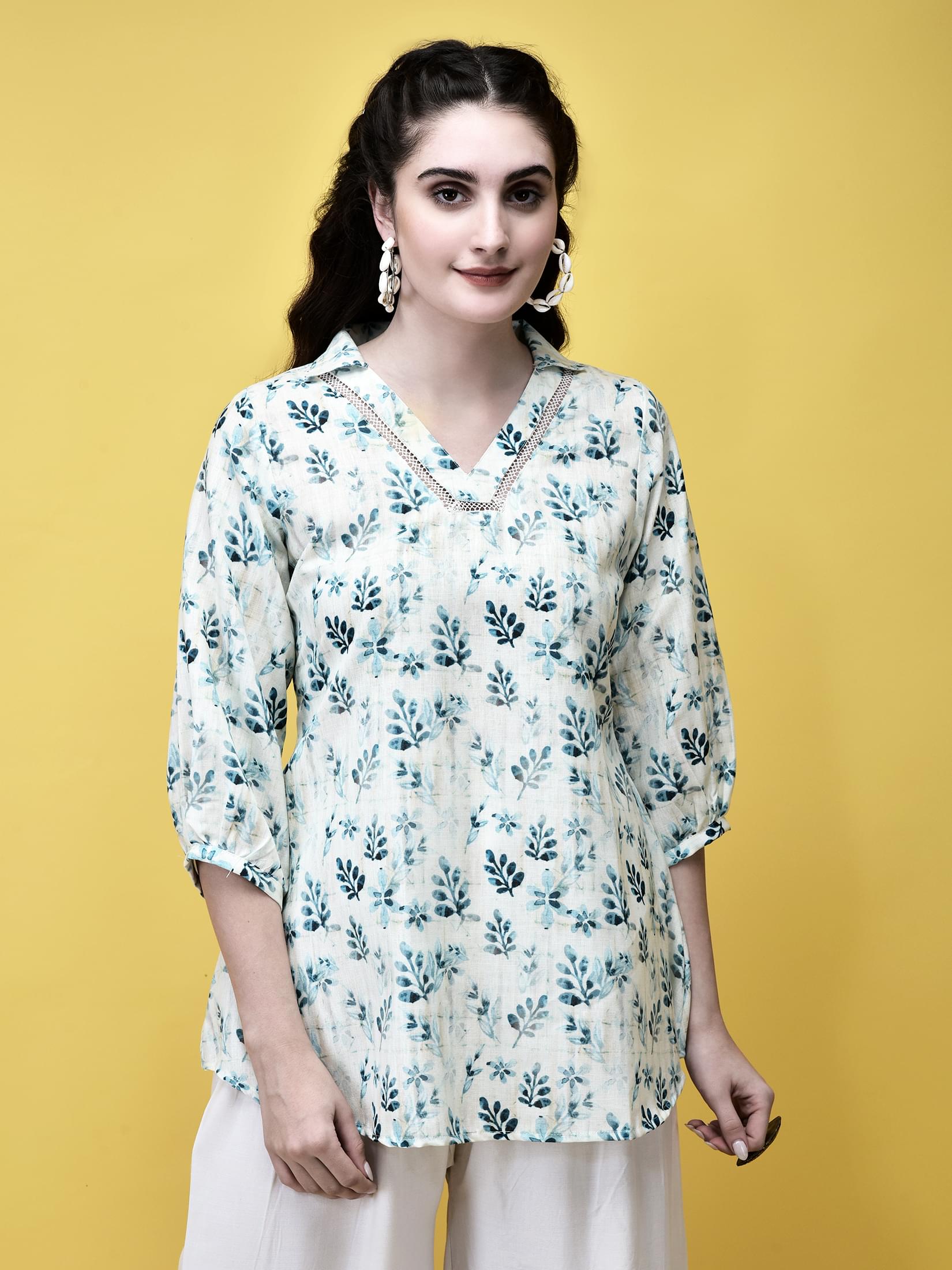 Women Linen Off White & Teal Texture Print Tunic.