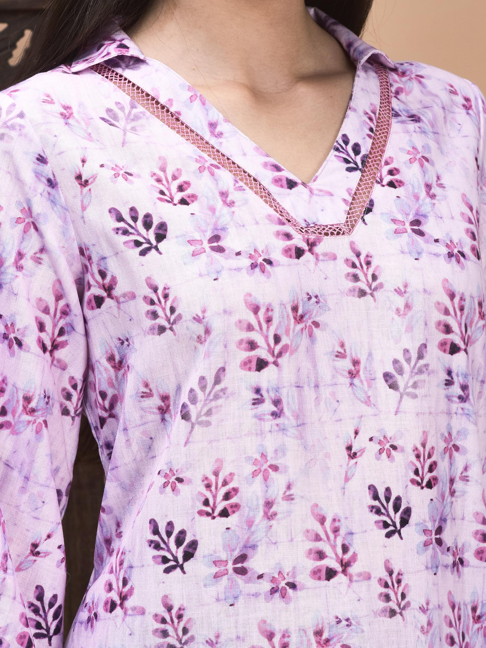 Women Linen Pink & Purple Texture Print Tunic.