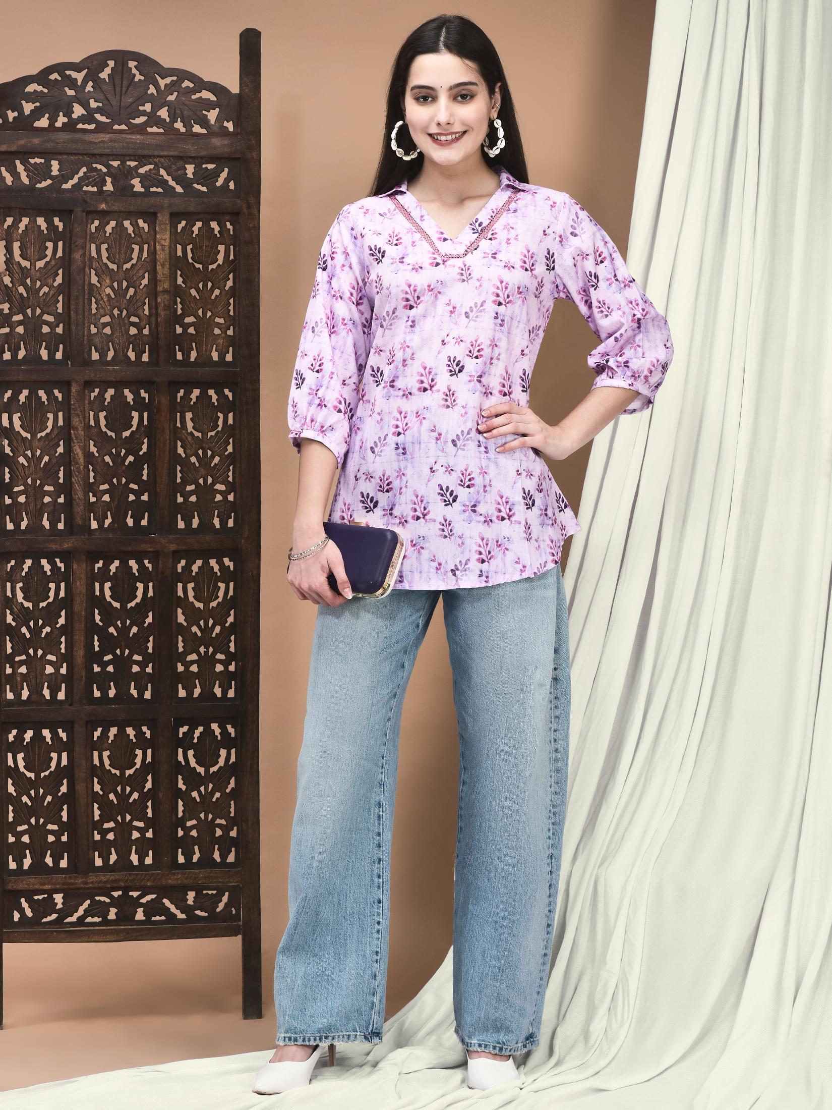 Women Linen Pink & Purple Texture Print Tunic.