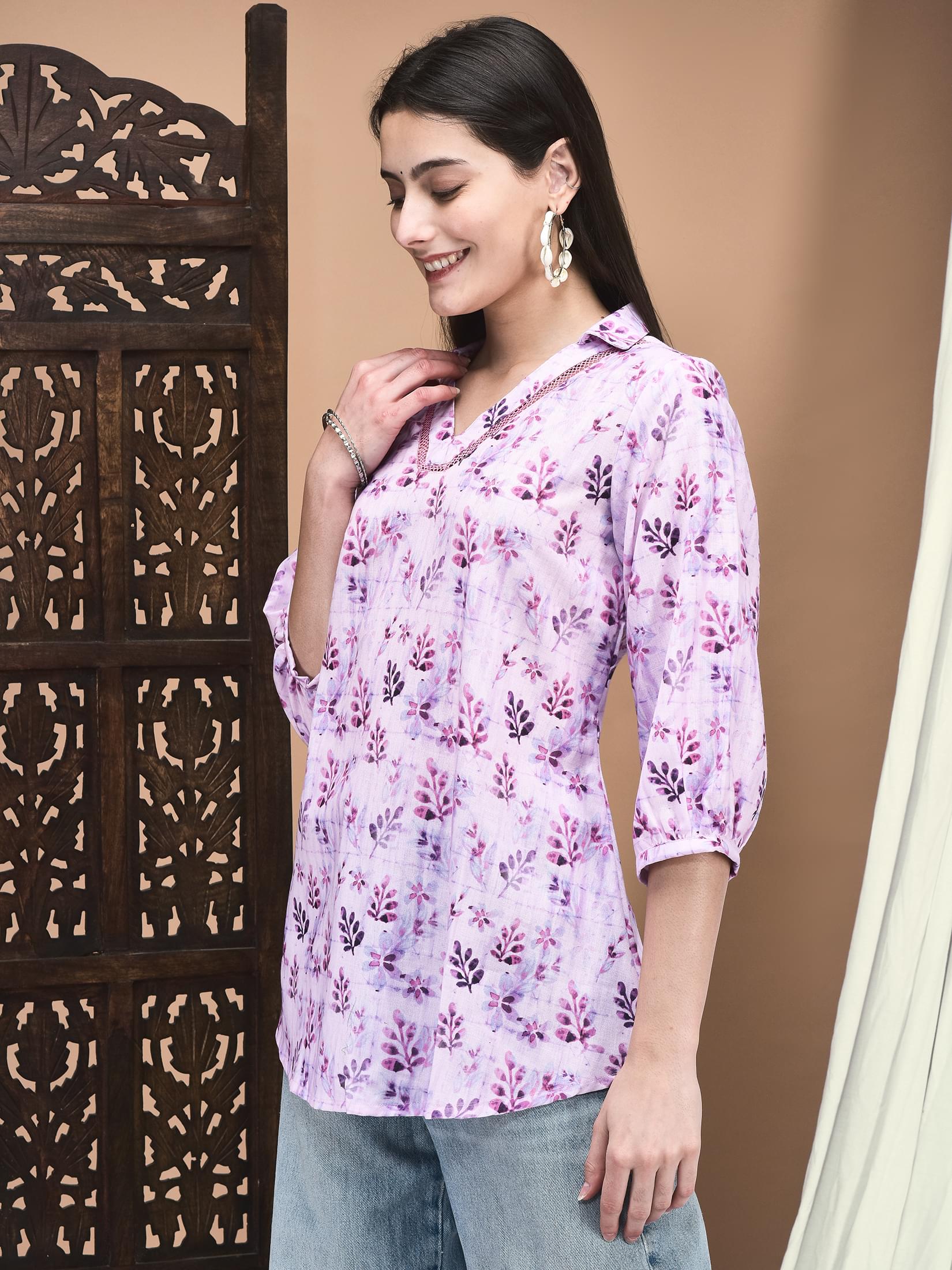 Women Linen Pink & Purple Texture Print Tunic.